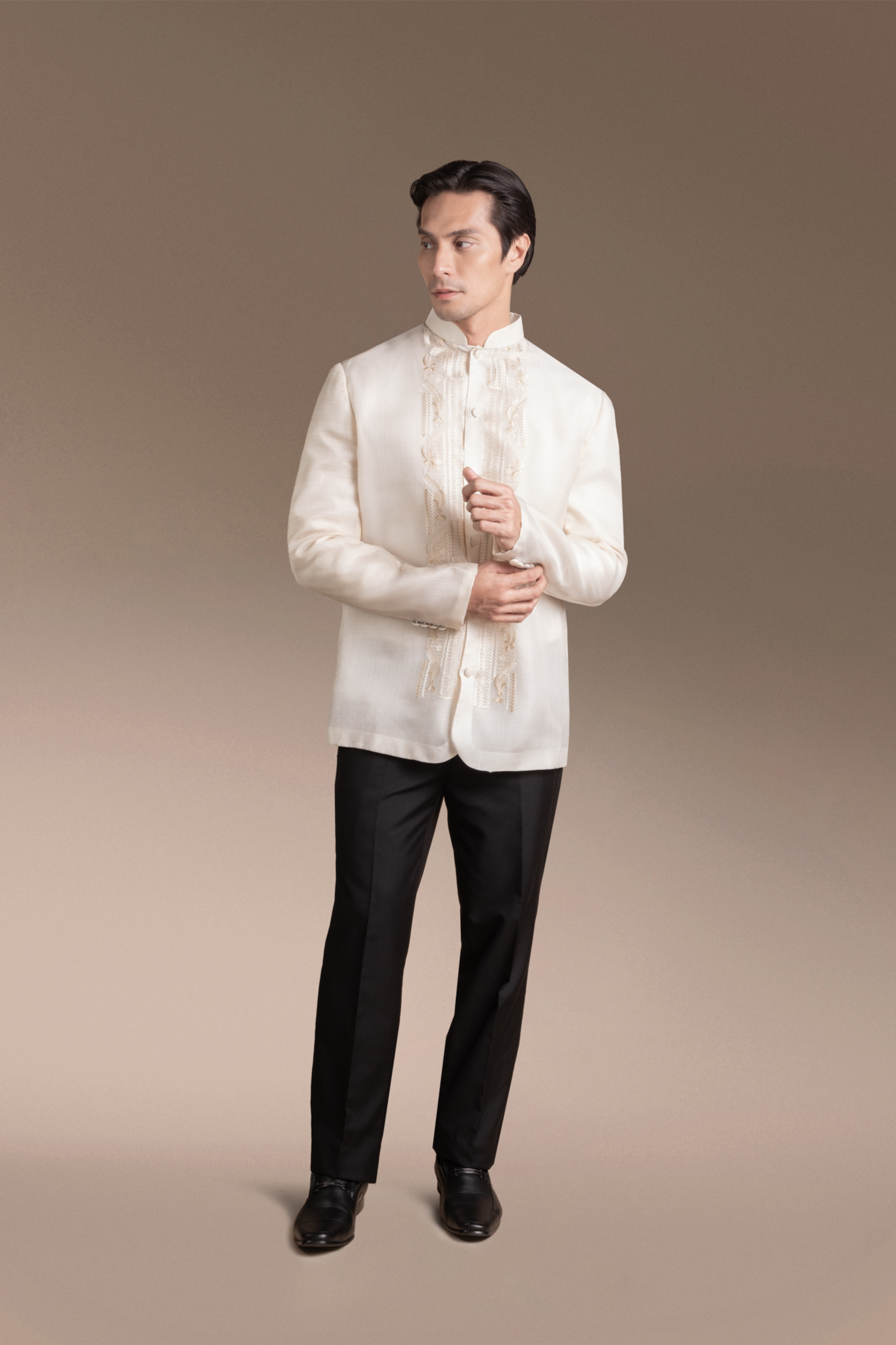 Onesimus Men’s Formal Barong Tagalog, Textured Natural Faux Silk, Embroidered