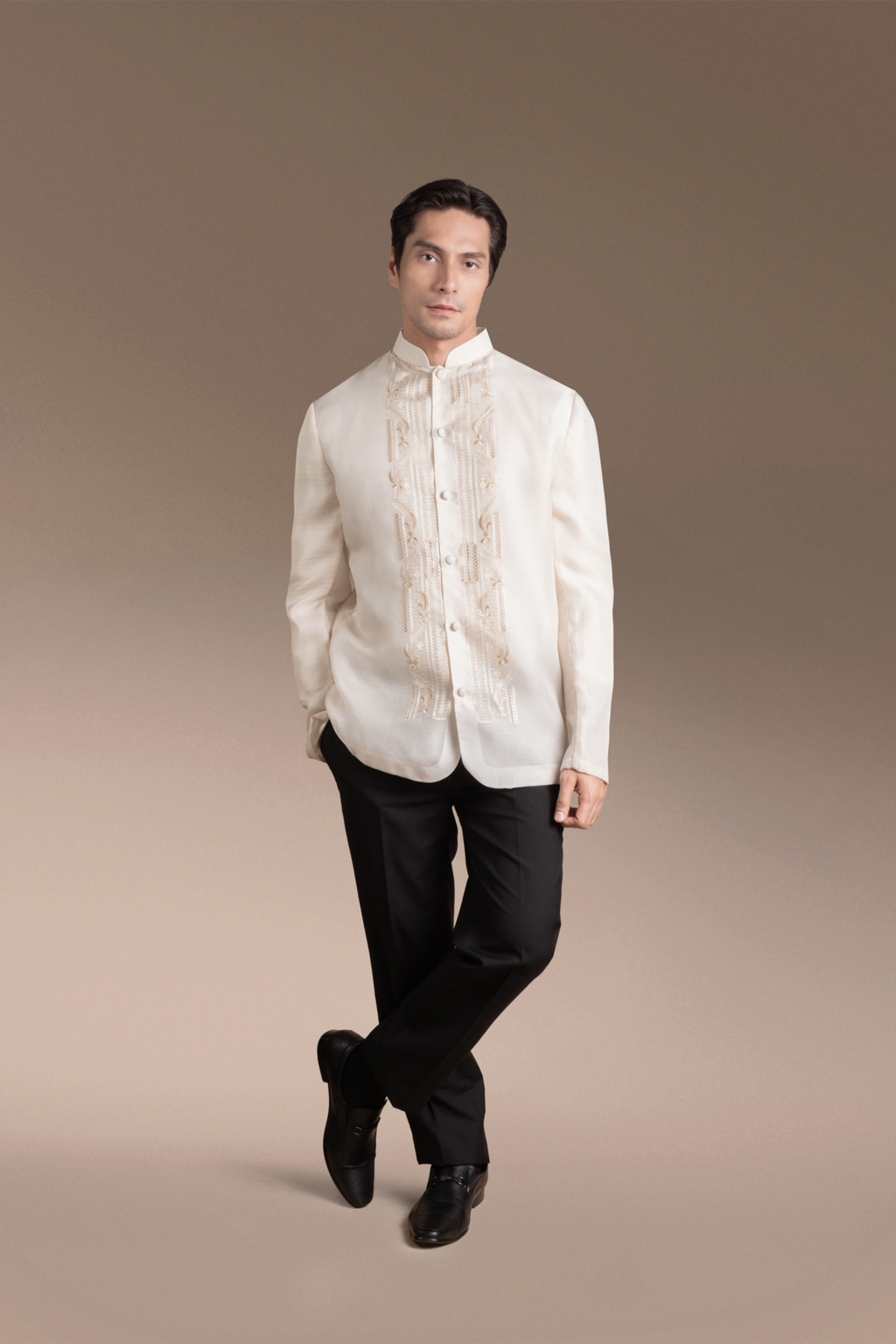 Onesimus Men’s Formal Barong Tagalog, Textured Natural Faux Silk, Embroidered