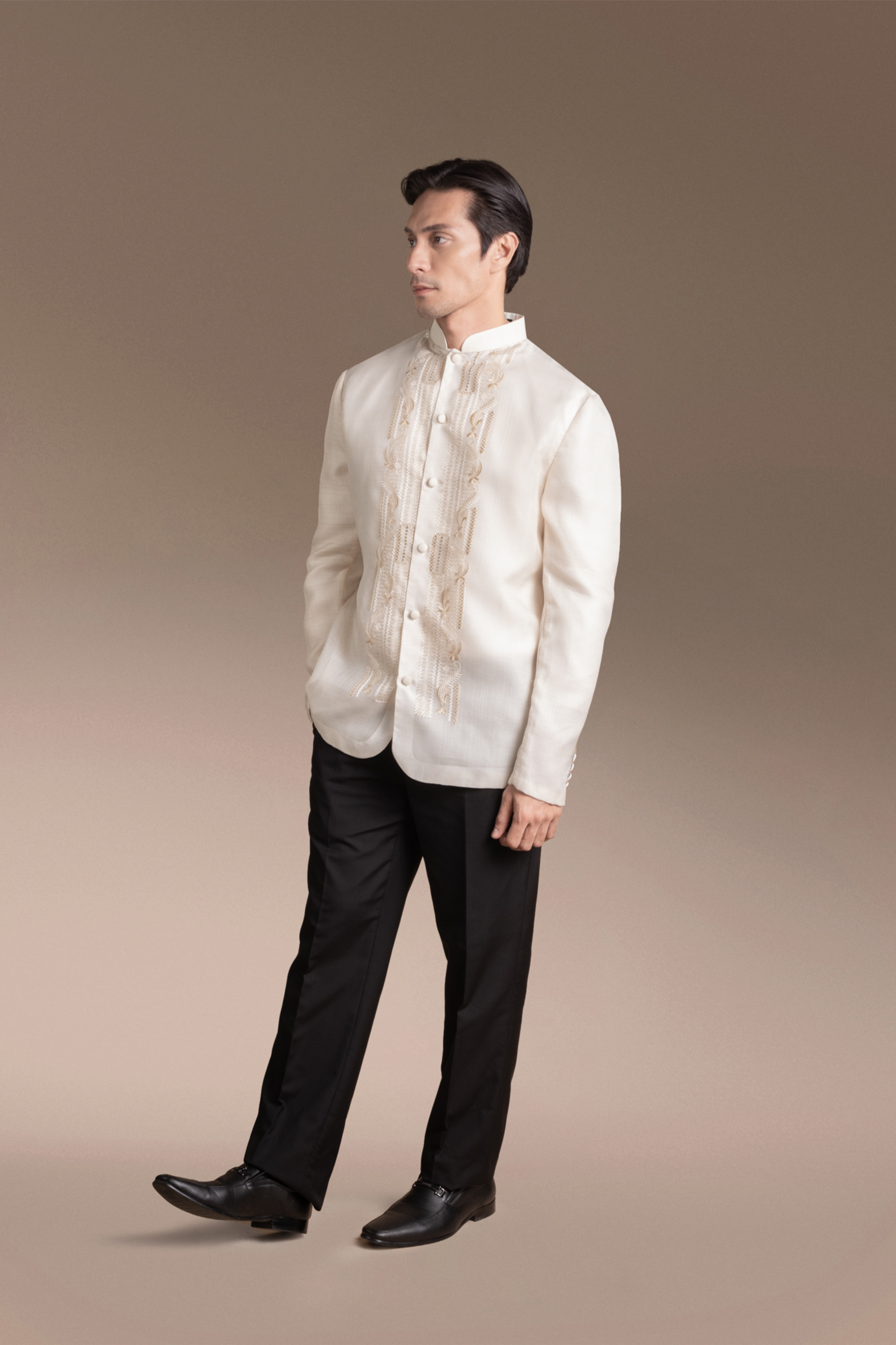 Onesimus Men’s Formal Barong Tagalog, Textured Natural Faux Silk, Embroidered