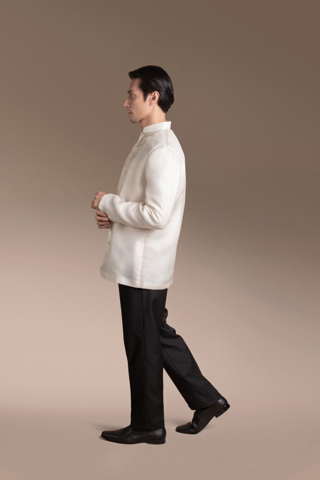 Onesimus Men’s Formal Barong Tagalog, Textured Natural Faux Silk, Embroidered