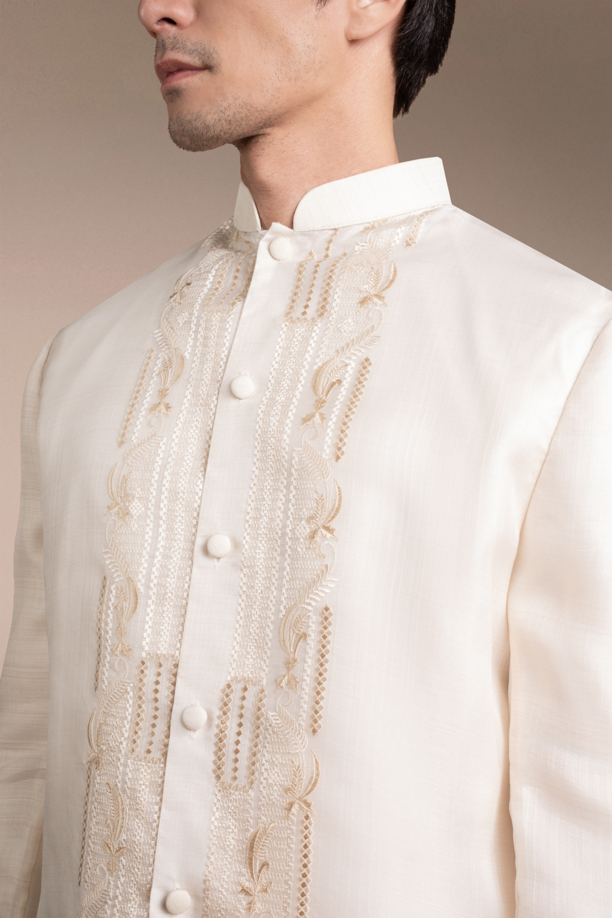 Onesimus Men’s Formal Barong Tagalog, Textured Natural Faux Silk, Embroidered