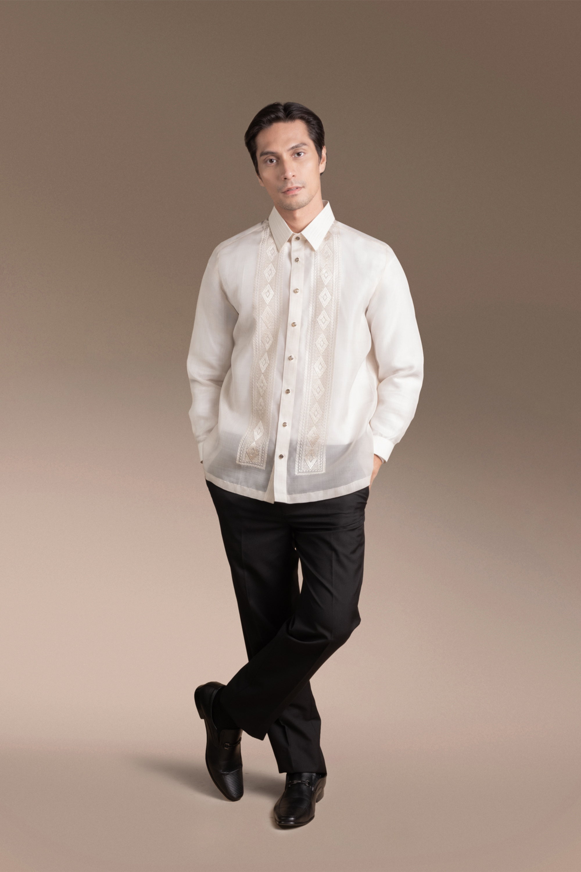 Onesimus Men’s Formal Barong Tagalog, Textured Natural Faux Silk, Embroidered