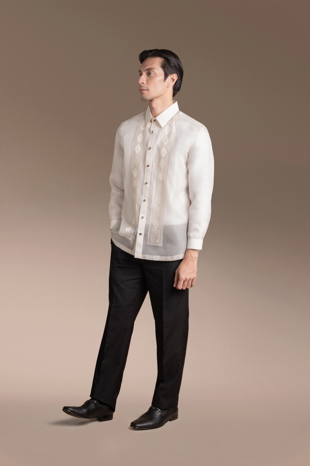 Onesimus Men’s Formal Barong Tagalog, Textured Natural Faux Silk, Embroidered
