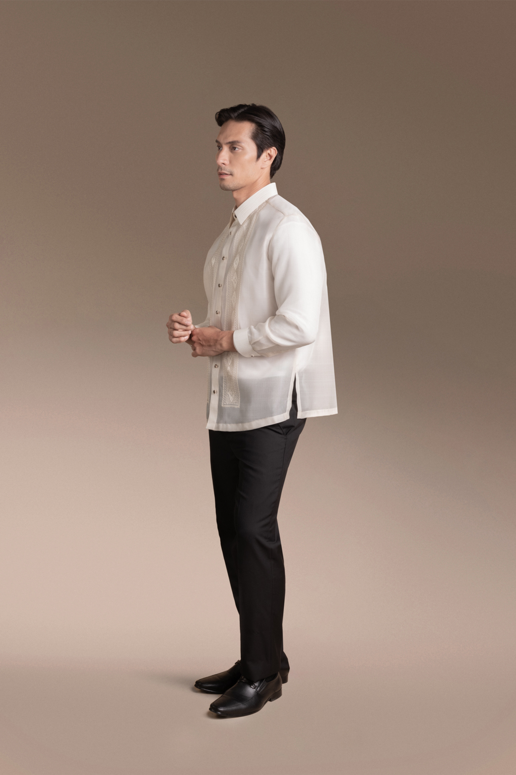 Onesimus Men’s Formal Barong Tagalog, Textured Natural Faux Silk, Embroidered