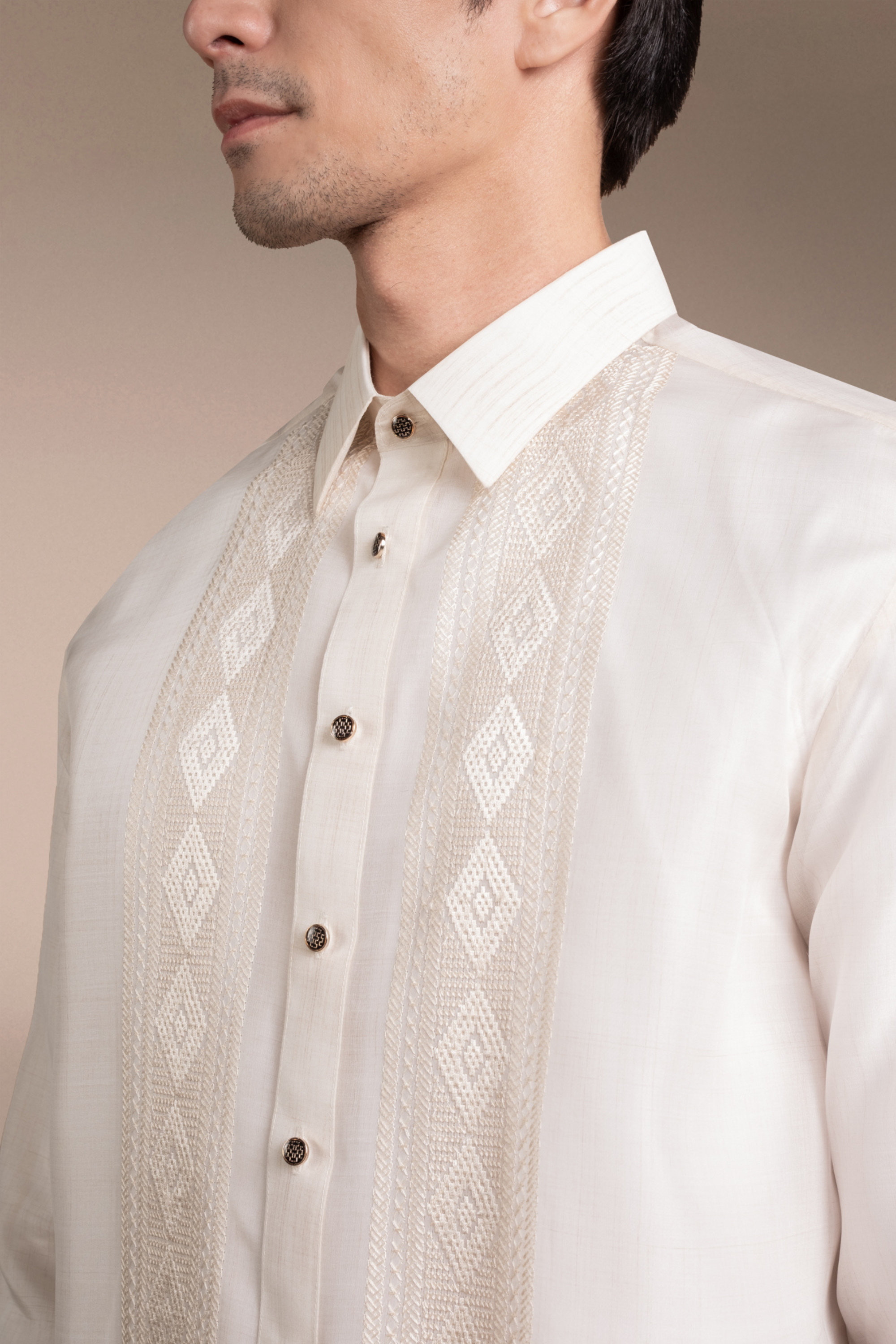 Onesimus Men’s Formal Barong Tagalog, Textured Natural Faux Silk, Embroidered