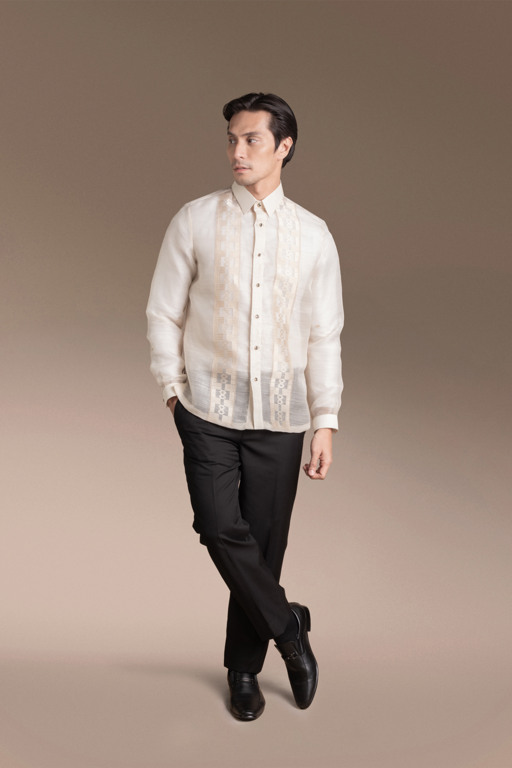 Onesimus Mens Formal Barong Tagalog, Handwoven Pineapple Leaves Fiber and Natural Silk, Embroidered