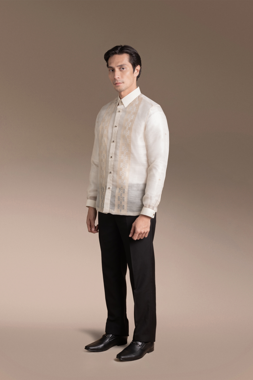 Onesimus Mens Formal Barong Tagalog, Handwoven Pineapple Leaves Fiber and Natural Silk, Embroidered