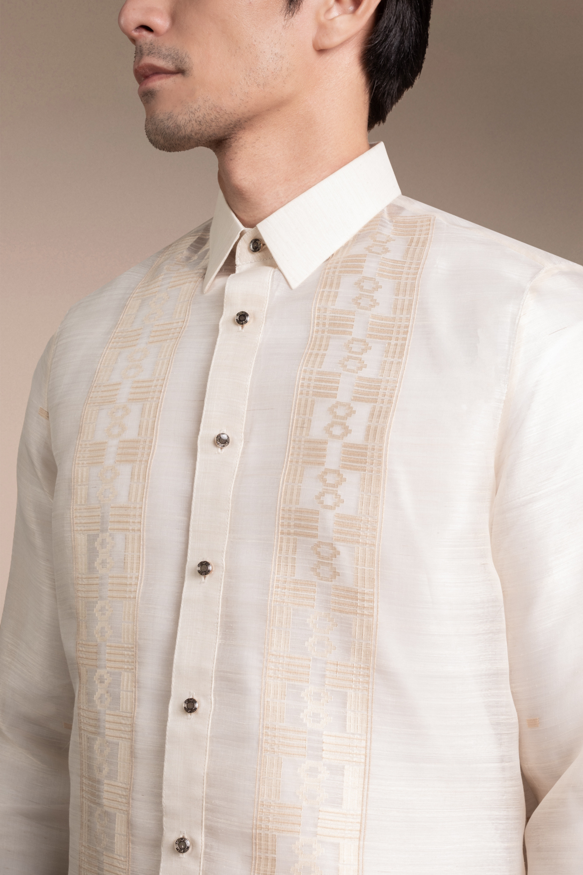 Onesimus Mens Formal Barong Tagalog, Handwoven Pineapple Leaves Fiber and Natural Silk, Embroidered