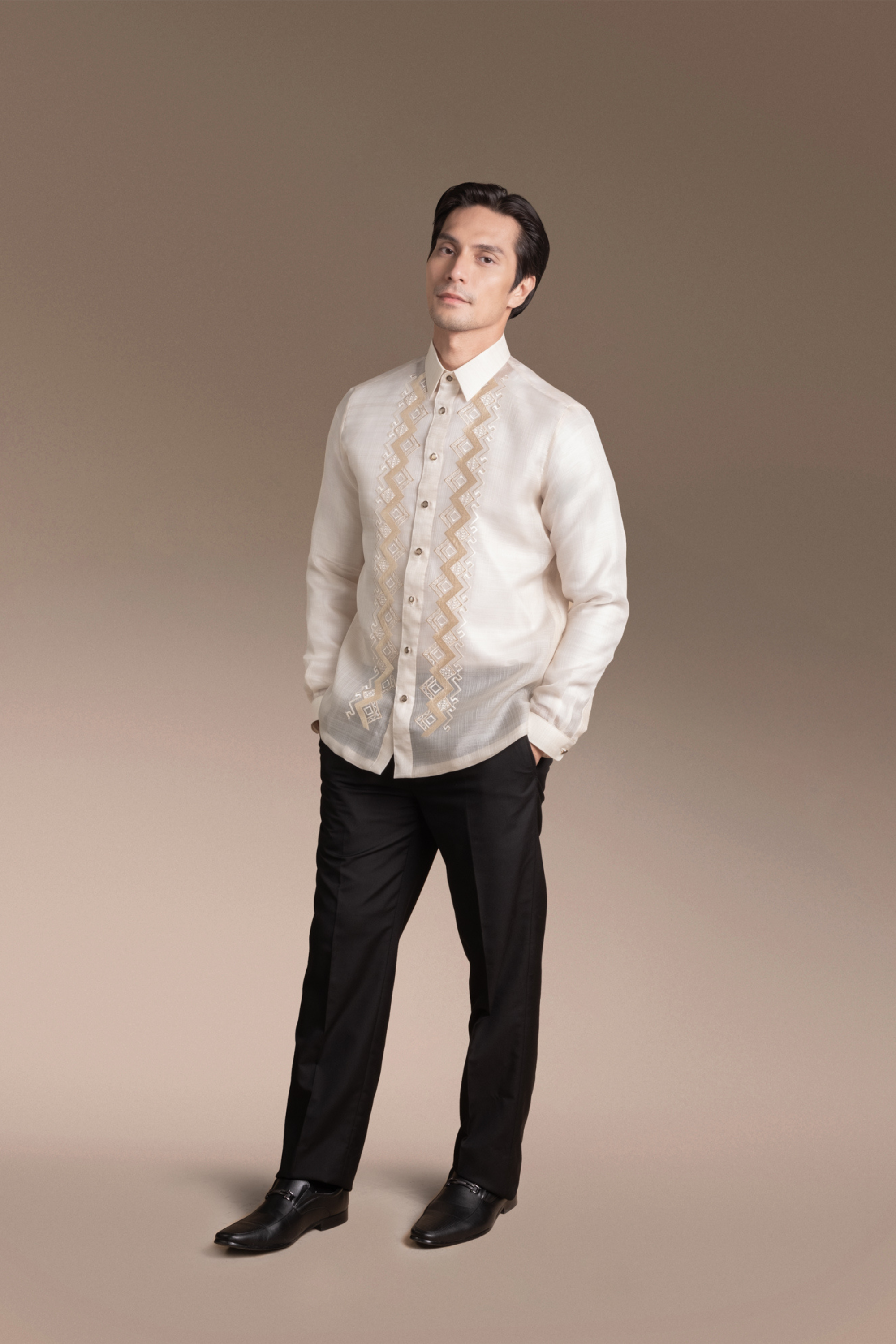 Onesimus Men’s Formal Barong Tagalog, Textured Pure Natural Silk, Embroidered