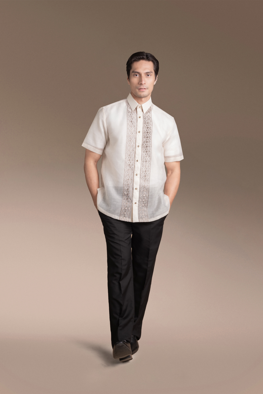 Onesimus Mens Formal Barong Tagalog, Textured Faux Silk, Embroidered