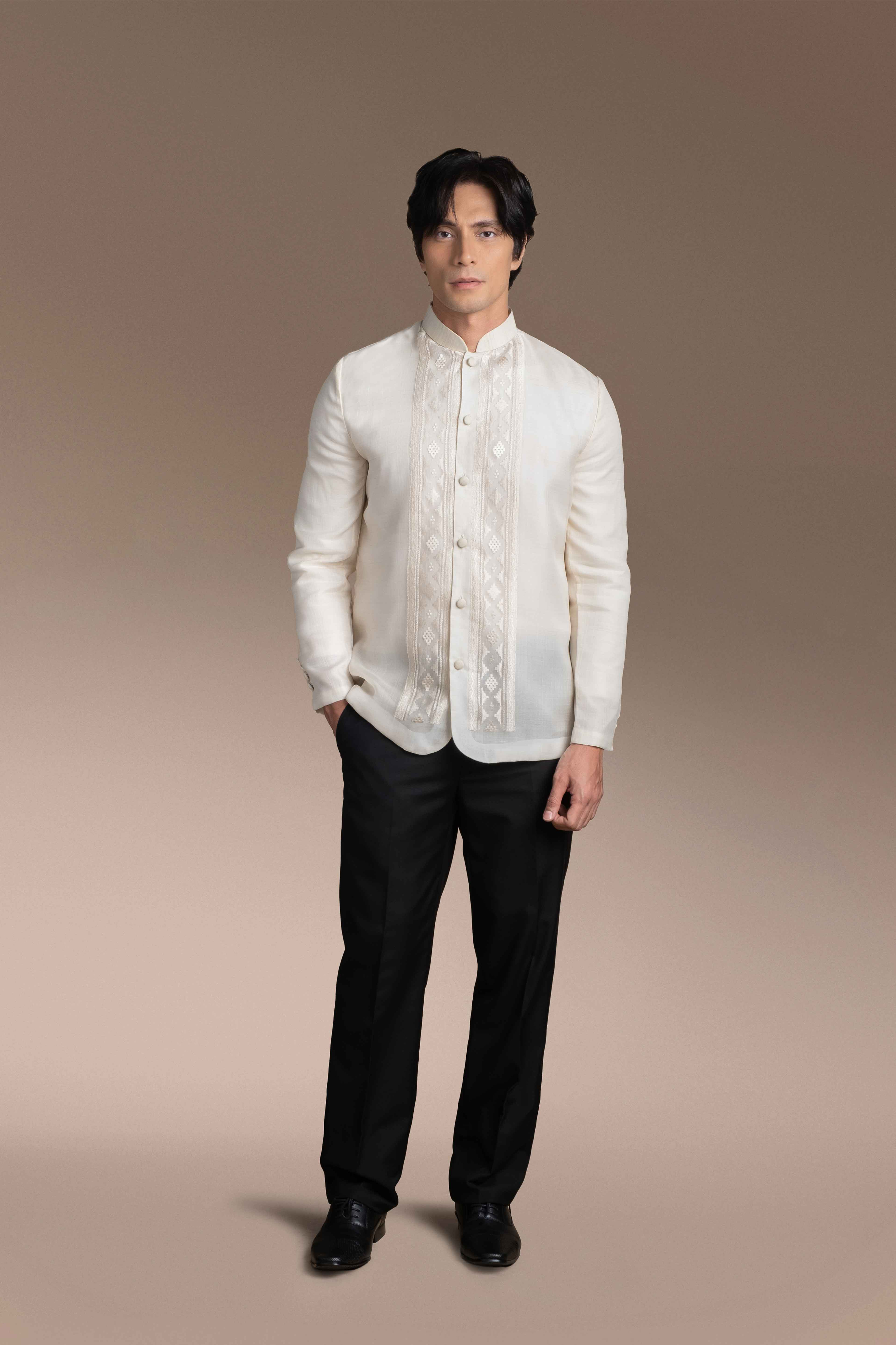 Onesimus Men’s Formal Barong Tagalog, Textured Pure Natural Silk, Embroidered