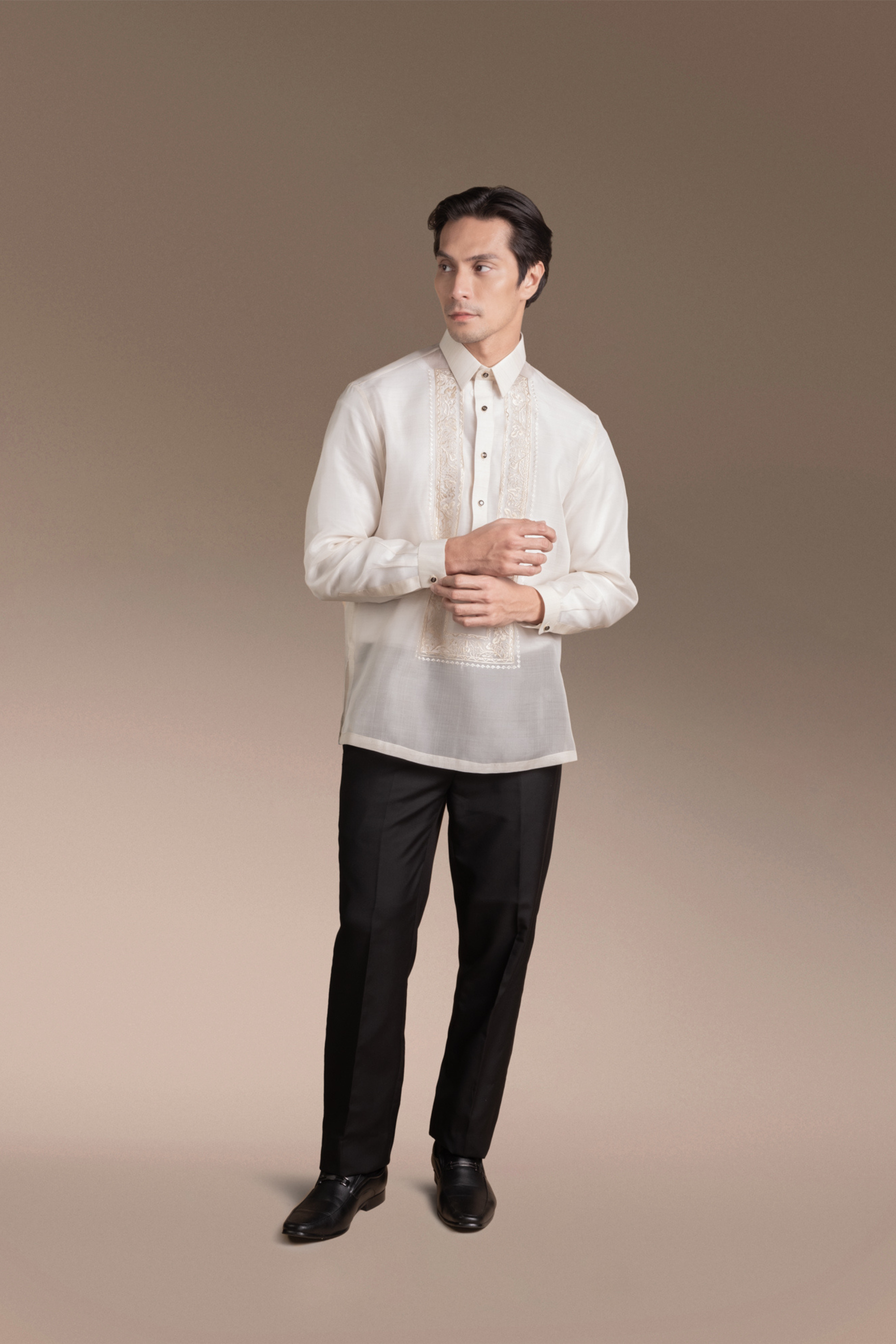 Onesimus Men’s Formal Barong Tagalog, Textured Pure Natural Silk, Embroidered