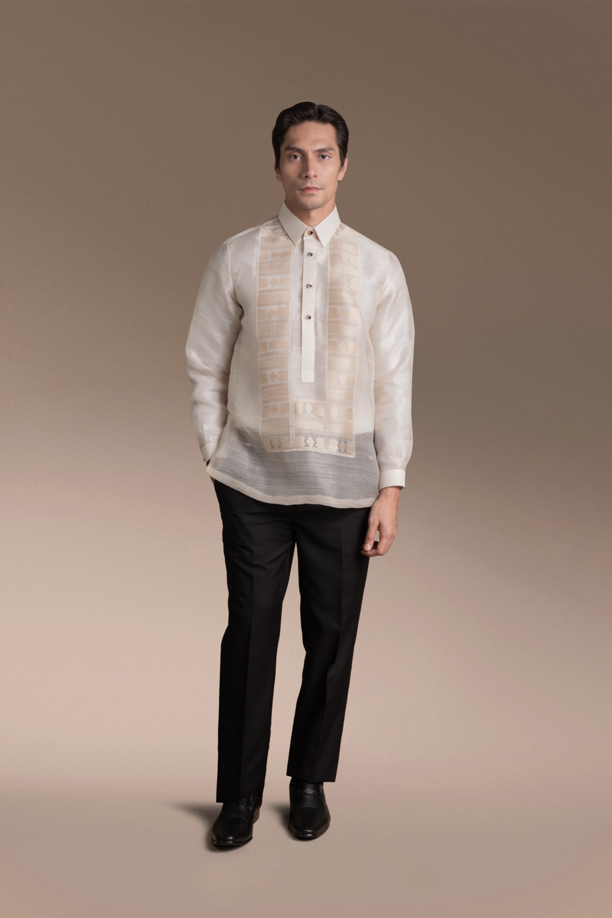 Onesimus Men’s Formal Barong Tagalog, Handwoven Pineapple Leaves Fiber and Natural Silk, Embroidered