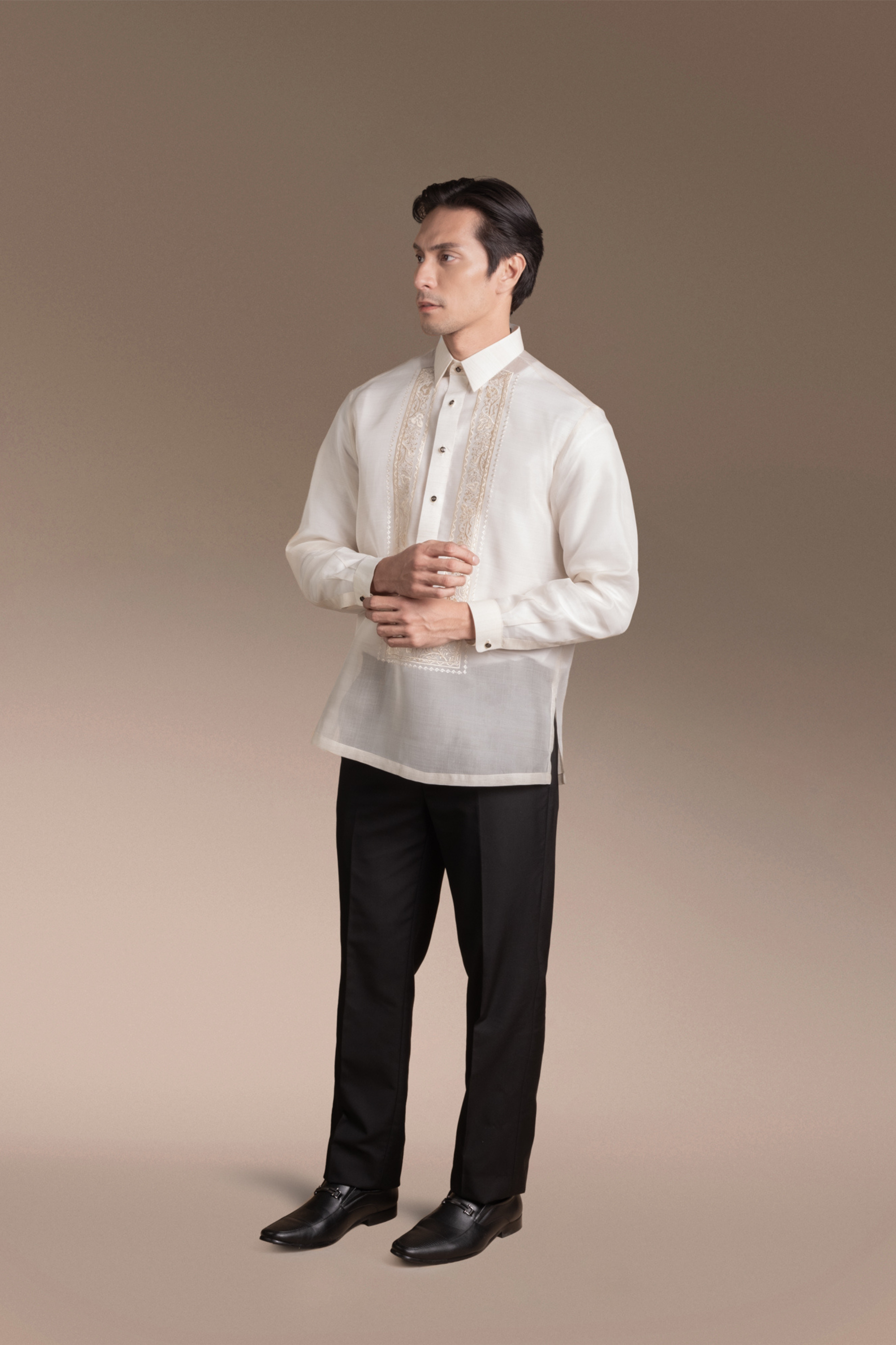 Onesimus Men’s Formal Barong Tagalog, Textured Pure Natural Silk, Embroidered