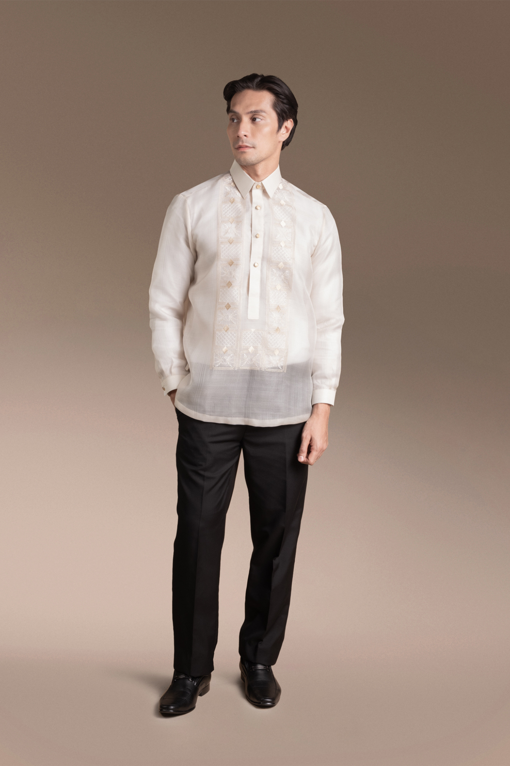 Onesimus Mens Formal Barong Tagalog, Textured Pure Natural Silk, Embroidered