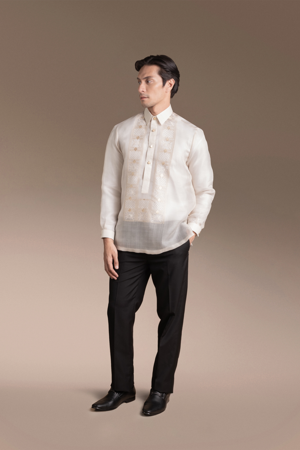 Onesimus Mens Formal Barong Tagalog, Textured Pure Natural Silk, Embroidered