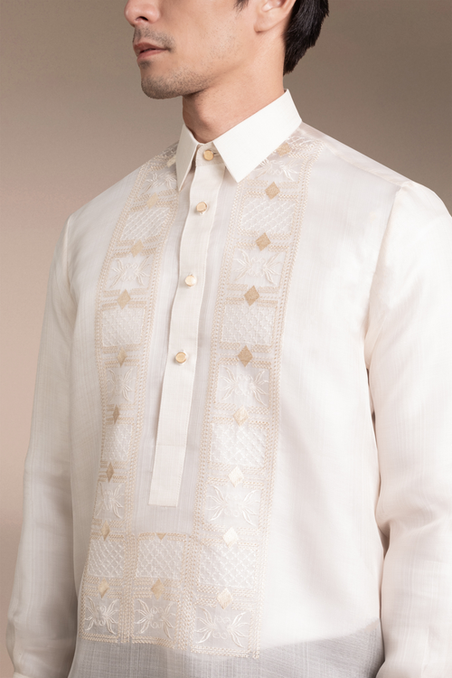 Onesimus Mens Formal Barong Tagalog, Textured Pure Natural Silk, Embroidered