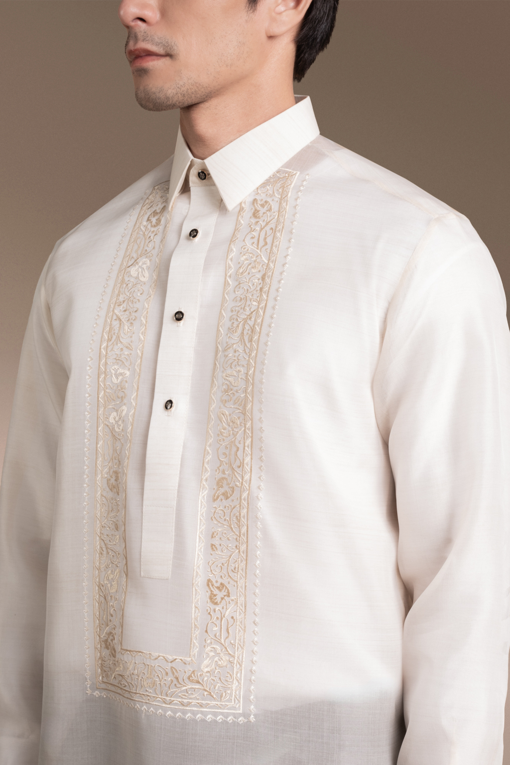 Onesimus Men’s Formal Barong Tagalog, Textured Pure Natural Silk, Embroidered