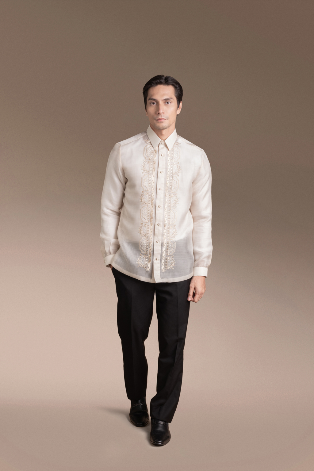 Onesimus Men’s Formal Barong Tagalog, Textured Pure Natural Silk, Embroidered