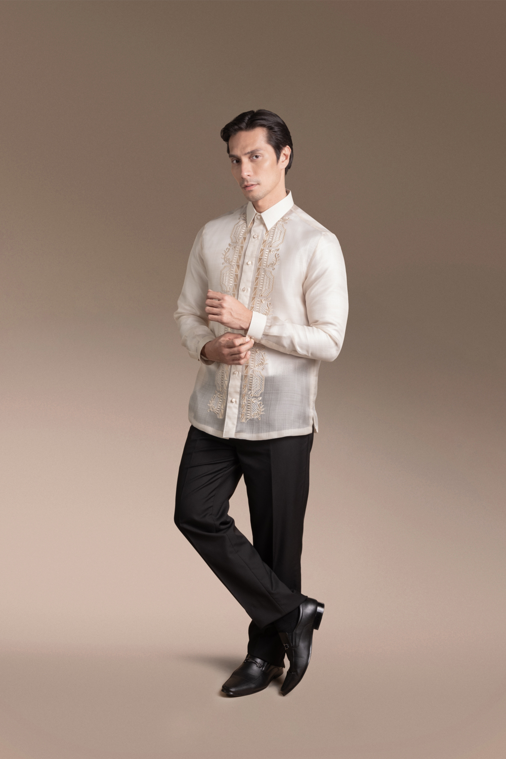 Onesimus Men’s Formal Barong Tagalog, Textured Pure Natural Silk, Embroidered