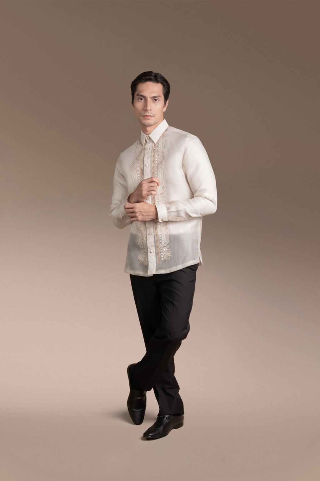 Onesimus Men’s Formal Barong Tagalog, Textured Pure Natural Silk, Embroidered