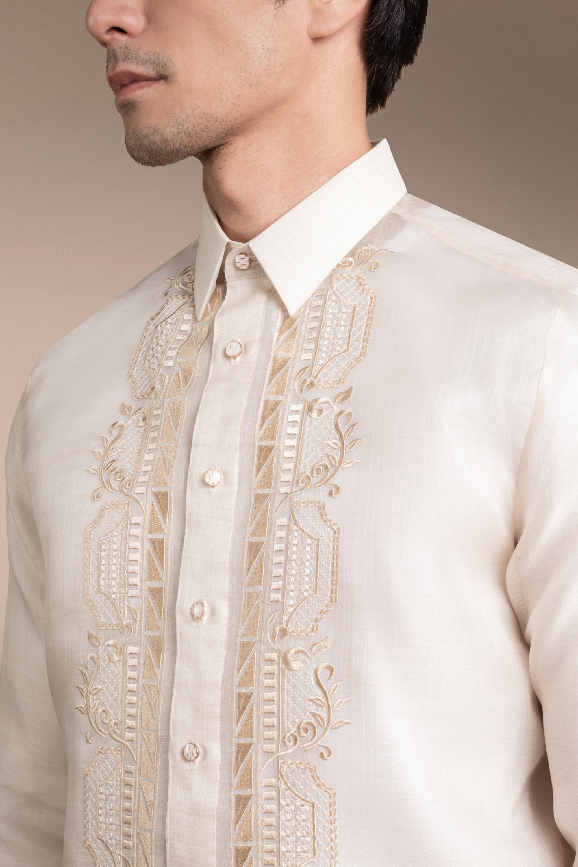 Onesimus Men’s Formal Barong Tagalog, Textured Pure Natural Silk, Embroidered