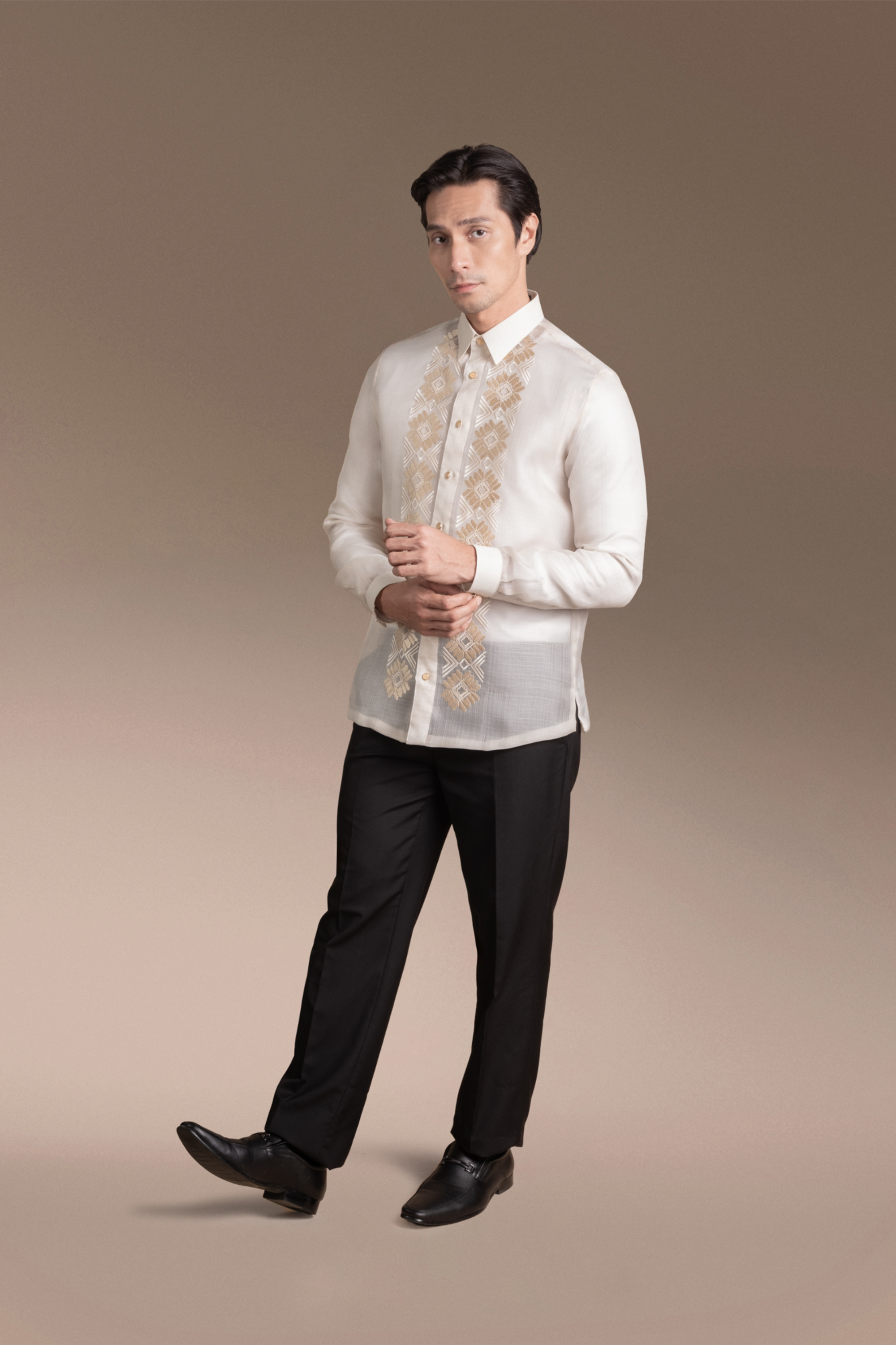Onesimus Men’s Formal Barong Tagalog, Textured Pure Natural Silk, Embroidered