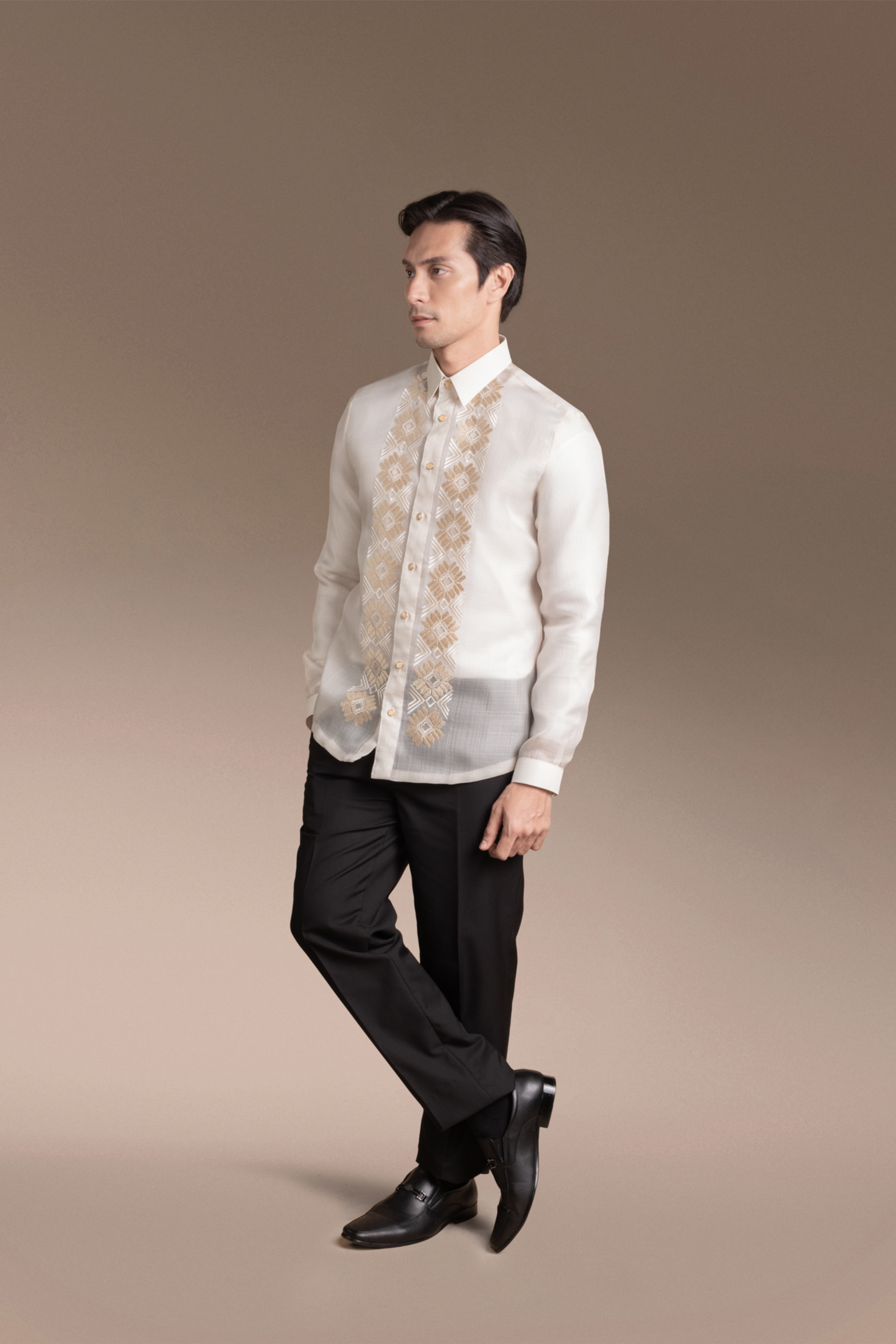 Onesimus Men’s Formal Barong Tagalog, Textured Pure Natural Silk, Embroidered