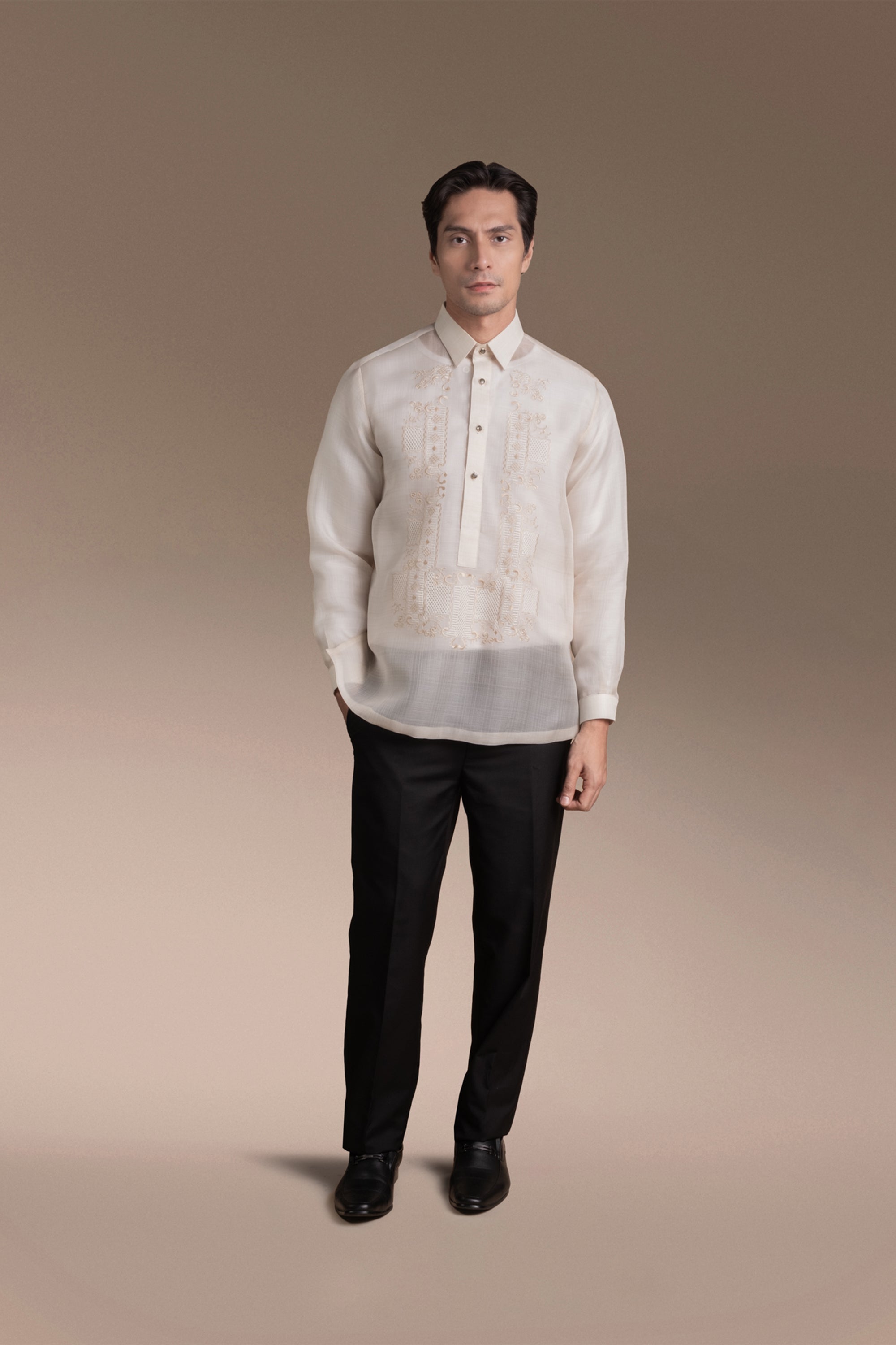 Onesimus Men’s Formal Barong Tagalog, Textured Pure Natural Silk, Embroidered