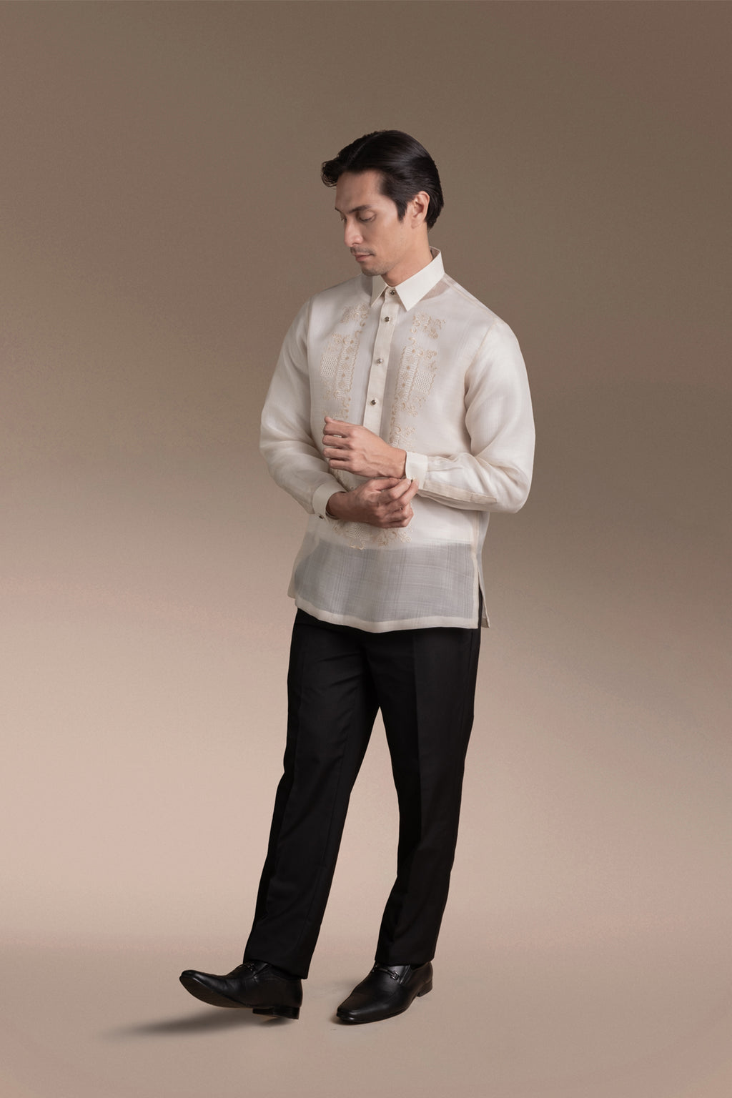 Onesimus Men’s Formal Barong Tagalog, Textured Pure Natural Silk, Embroidered