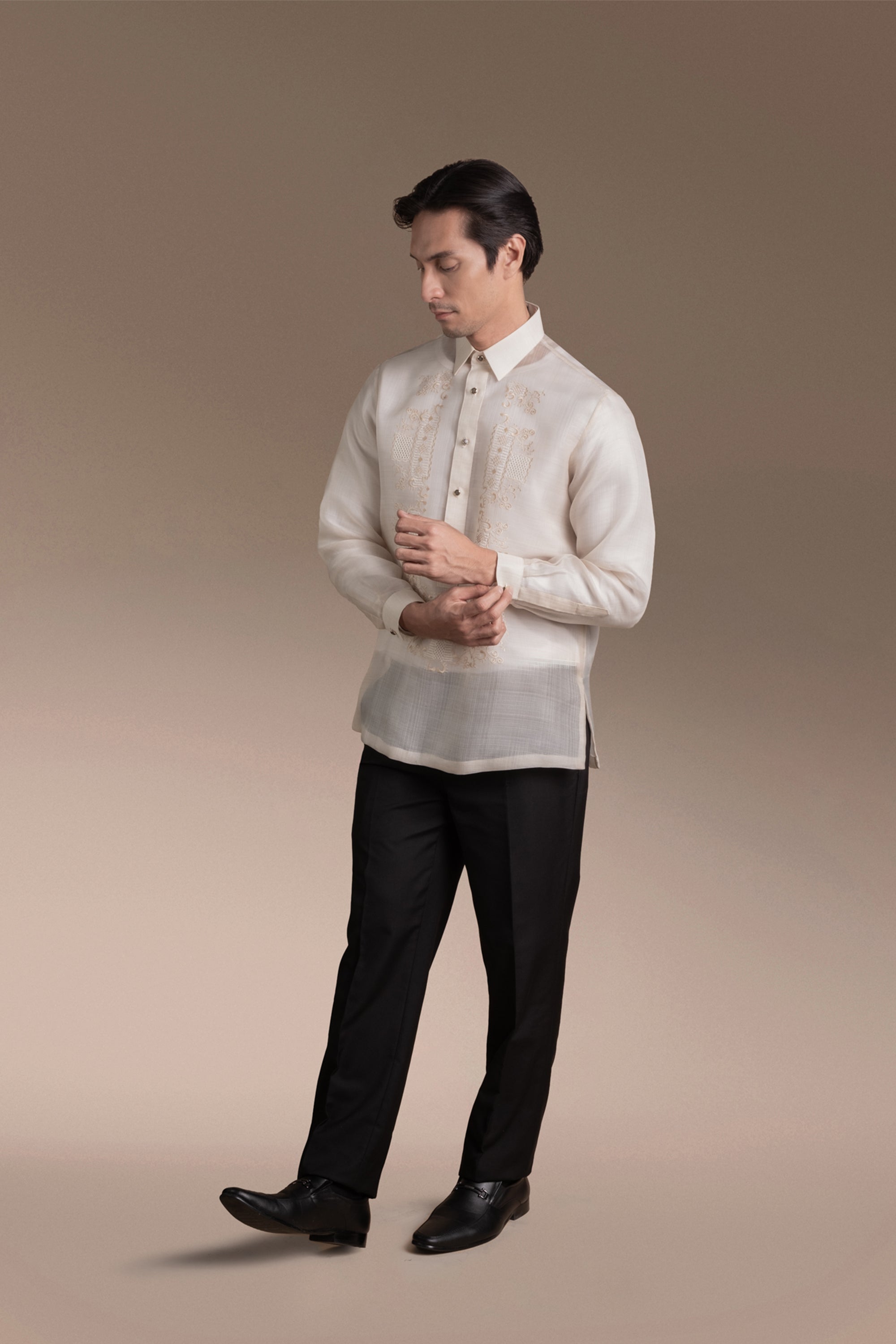 Onesimus Men’s Formal Barong Tagalog, Textured Pure Natural Silk, Embroidered