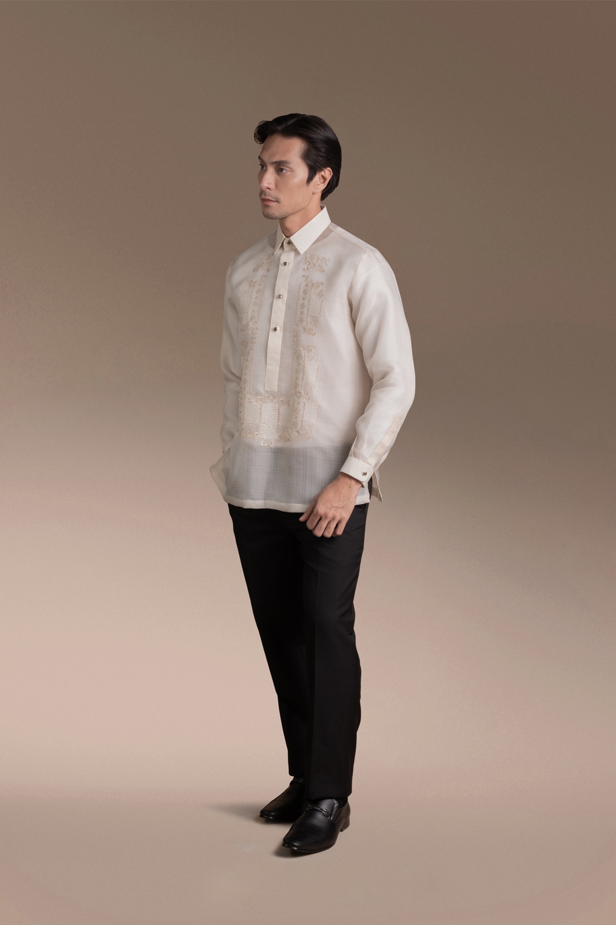 Onesimus Men’s Formal Barong Tagalog, Textured Pure Natural Silk, Embroidered