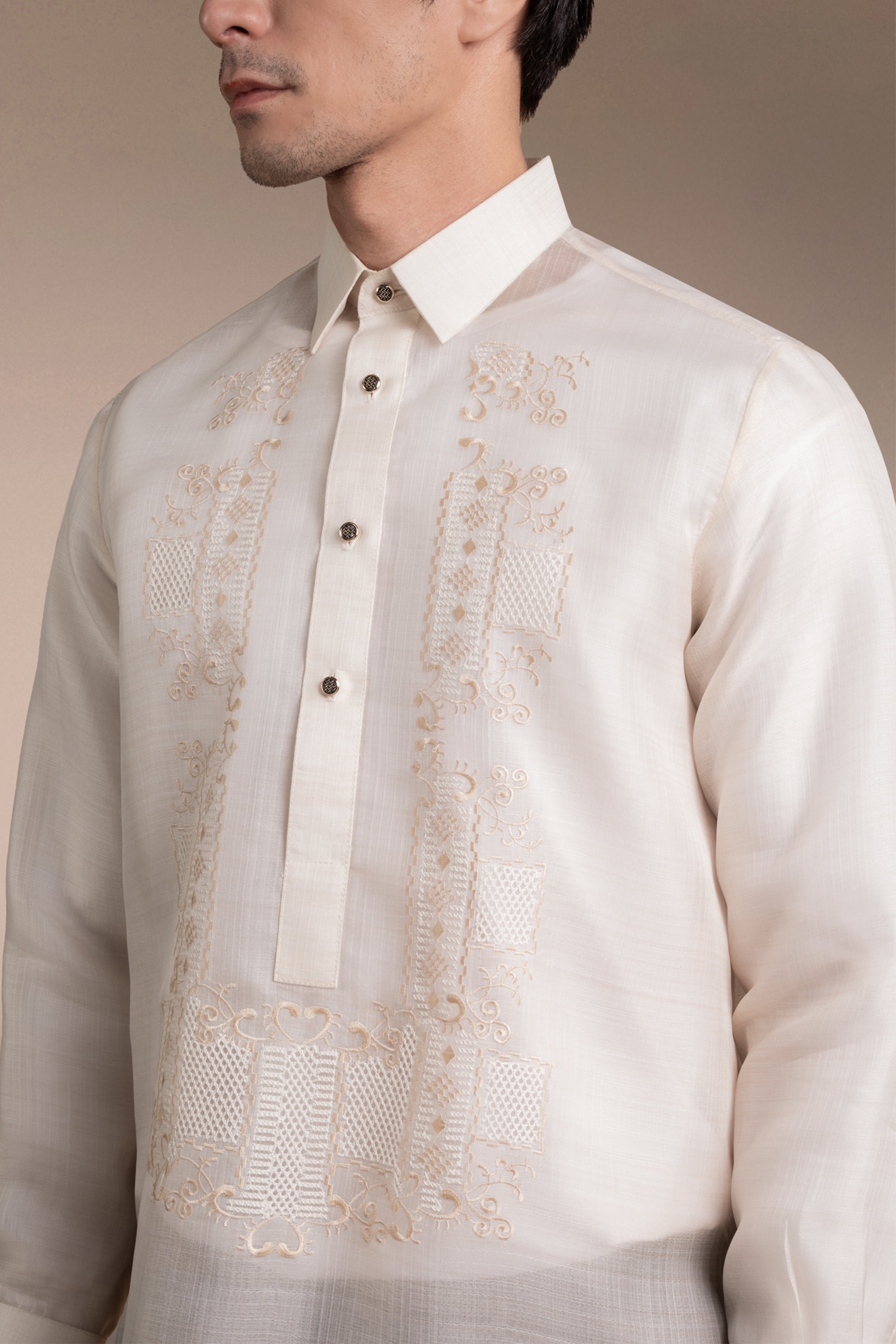 Onesimus Men’s Formal Barong Tagalog, Textured Pure Natural Silk, Embroidered