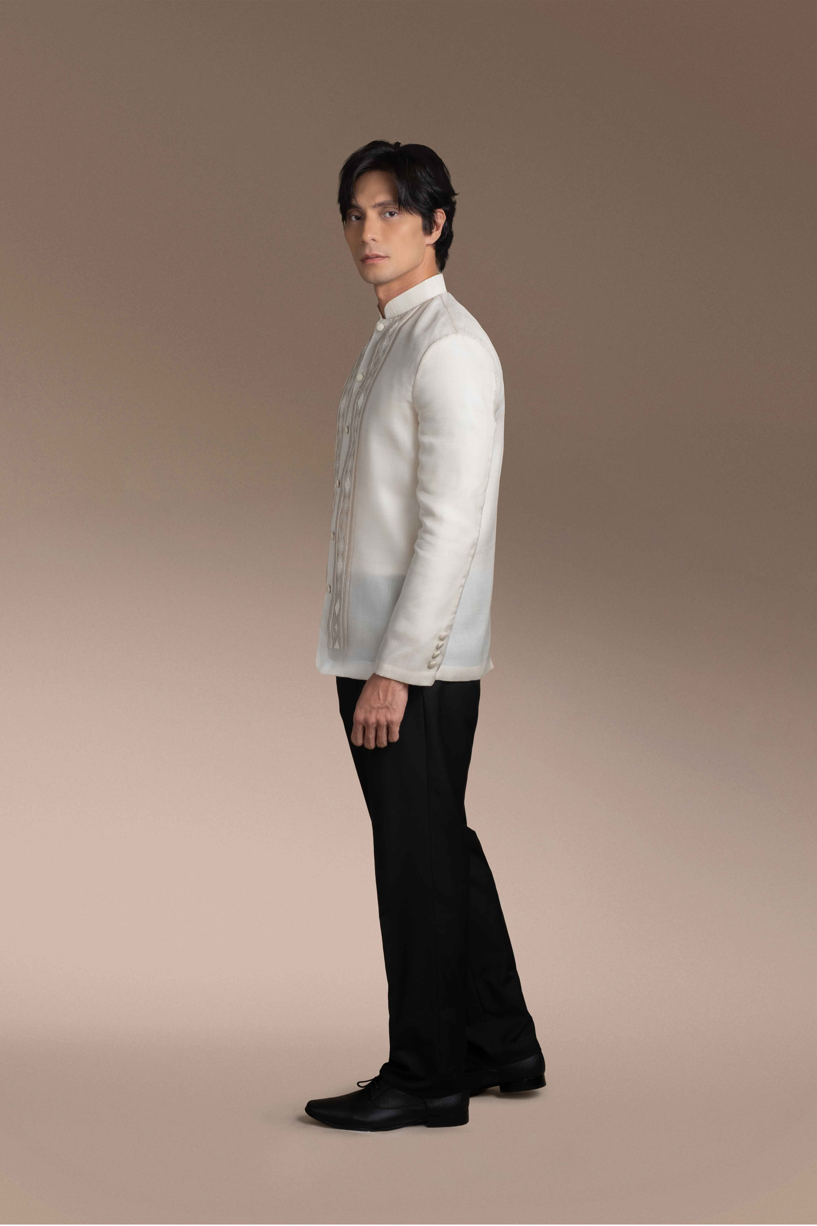 Onesimus Men’s Formal Barong Tagalog, Textured Pure Natural Silk, Embroidered