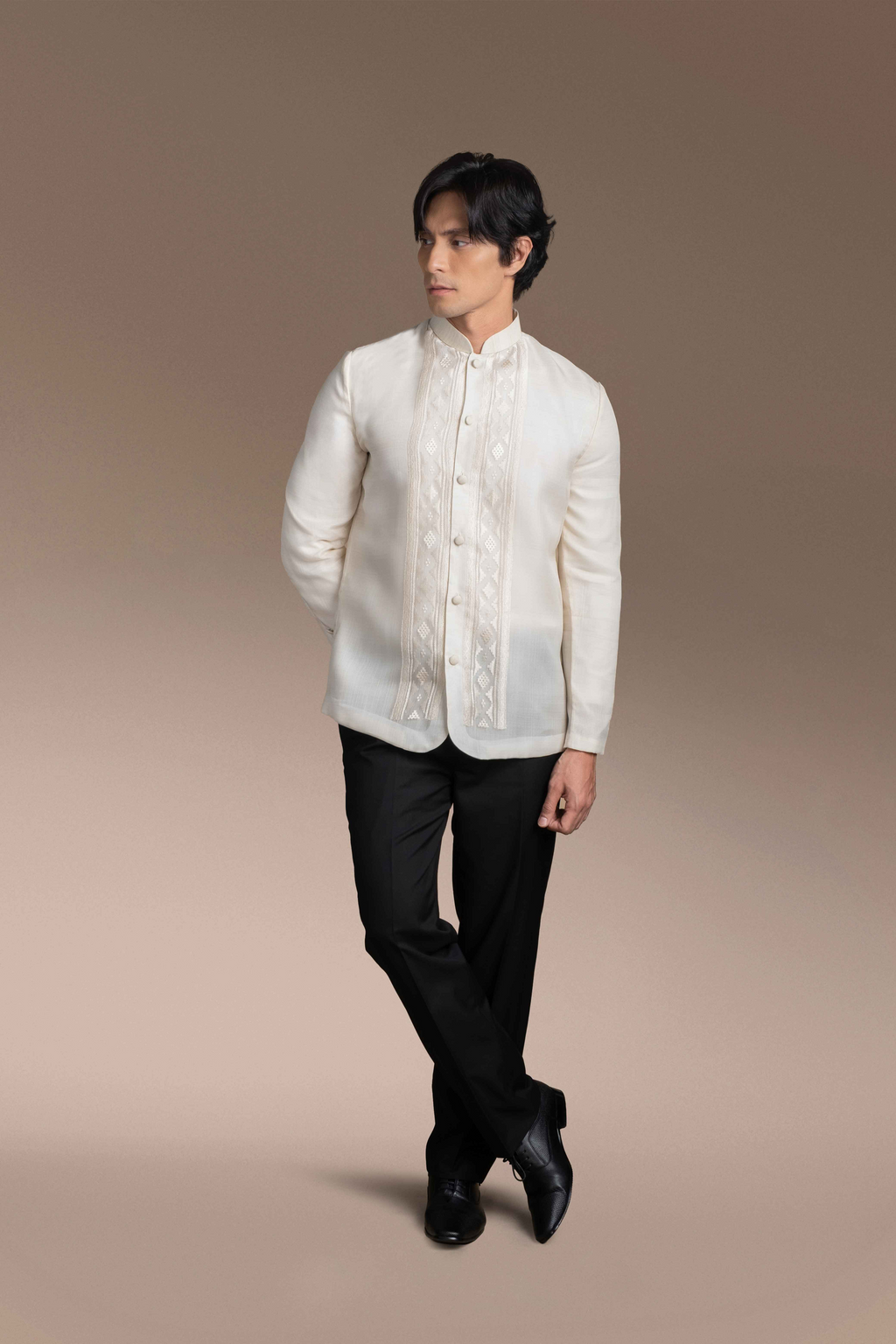Onesimus Men’s Formal Barong Tagalog, Textured Pure Natural Silk, Embroidered