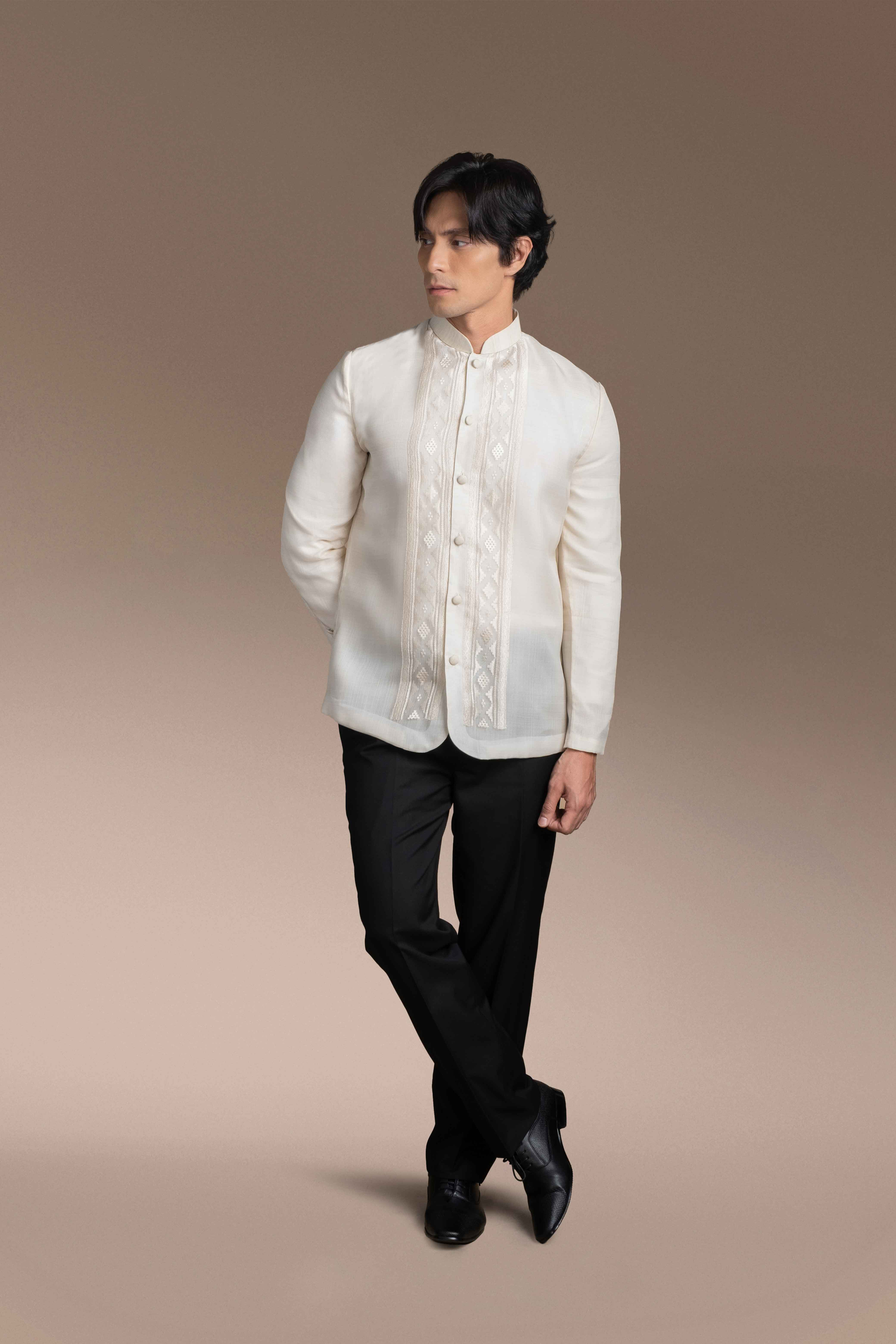 Onesimus Men’s Formal Barong Tagalog, Textured Pure Natural Silk, Embroidered