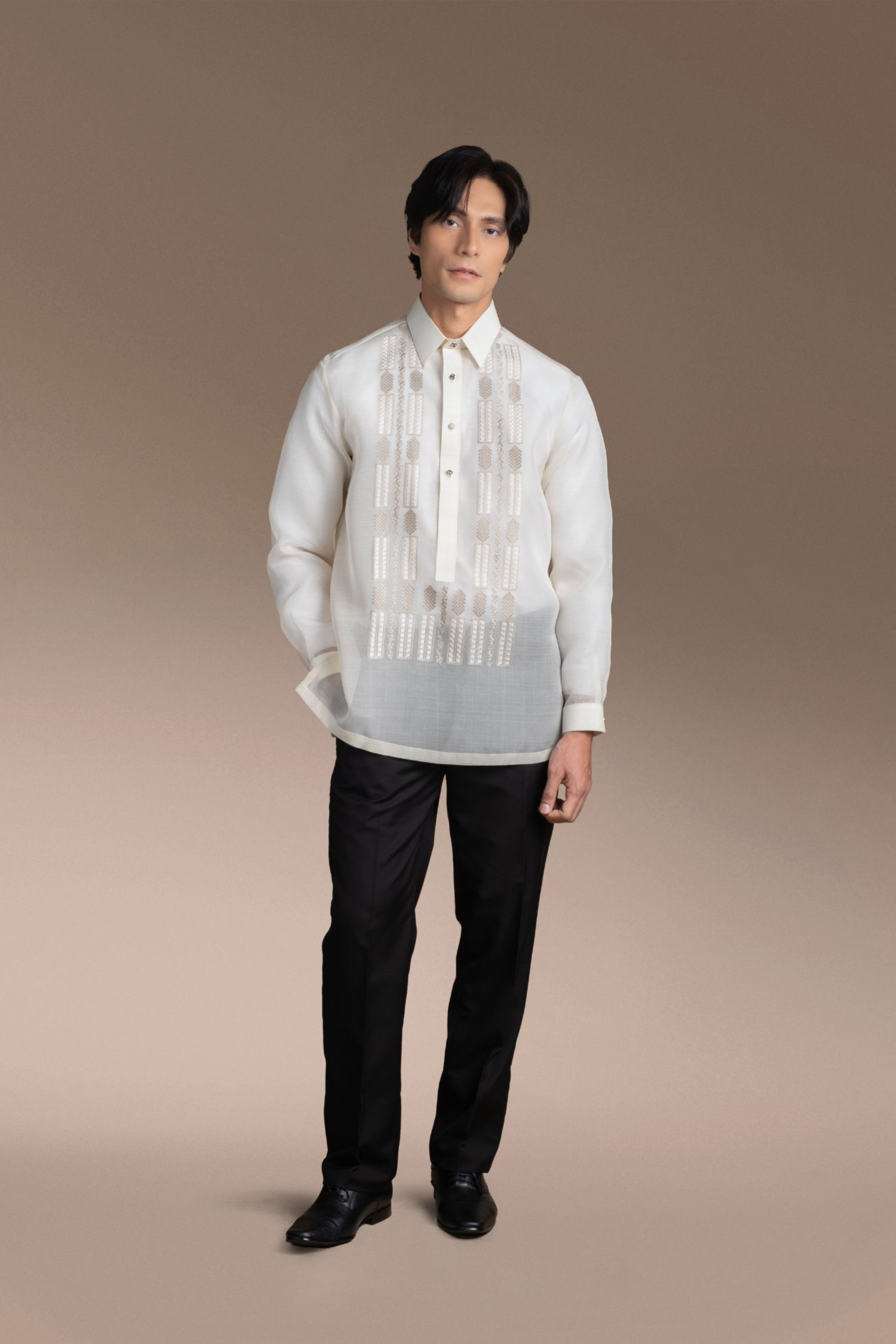 Onesimus Men’s Formal Barong Tagalog, Handwoven Pineapple Leaves Fiber and Natural Silk, Embroidered