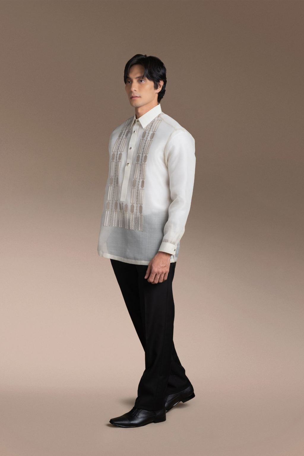 Onesimus Men’s Formal Barong Tagalog, Handwoven Pineapple Leaves Fiber and Natural Silk, Embroidered