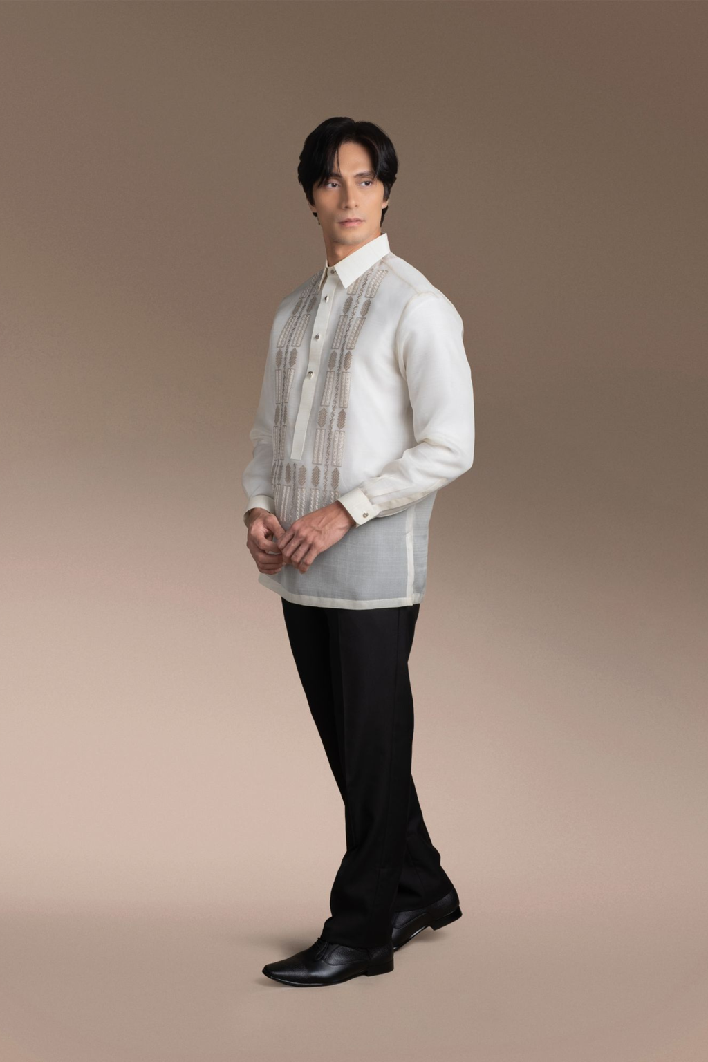 Onesimus Men’s Formal Barong Tagalog, Handwoven Pineapple Leaves Fiber and Natural Silk, Embroidered