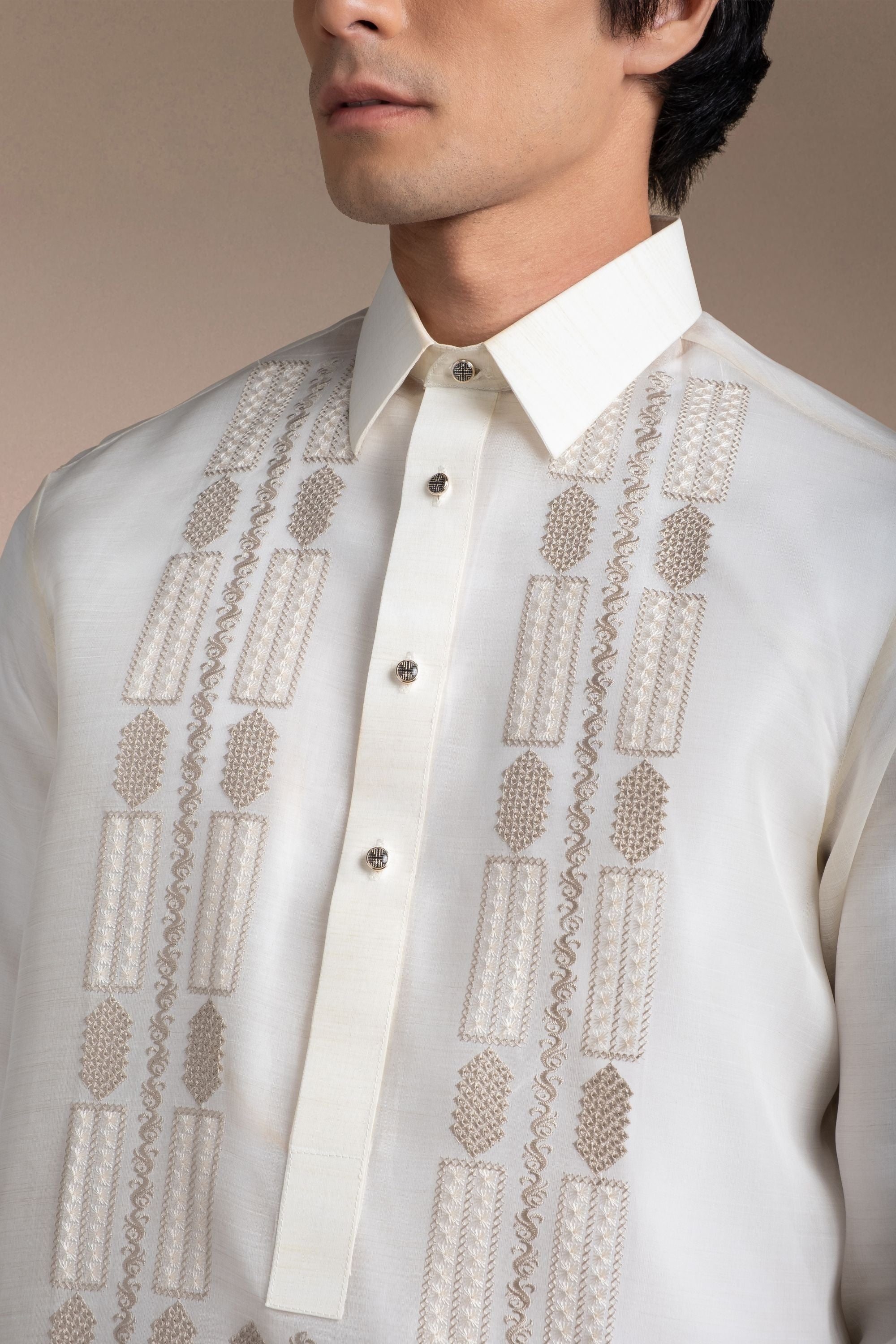 Onesimus Men’s Formal Barong Tagalog, Handwoven Pineapple Leaves Fiber and Natural Silk, Embroidered