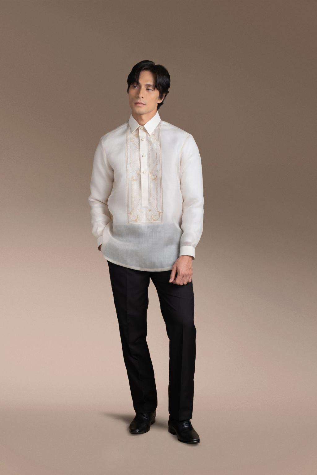 Onesimus Men’s Formal Barong Tagalog, Textured Pure Natural Silk, Embroidered