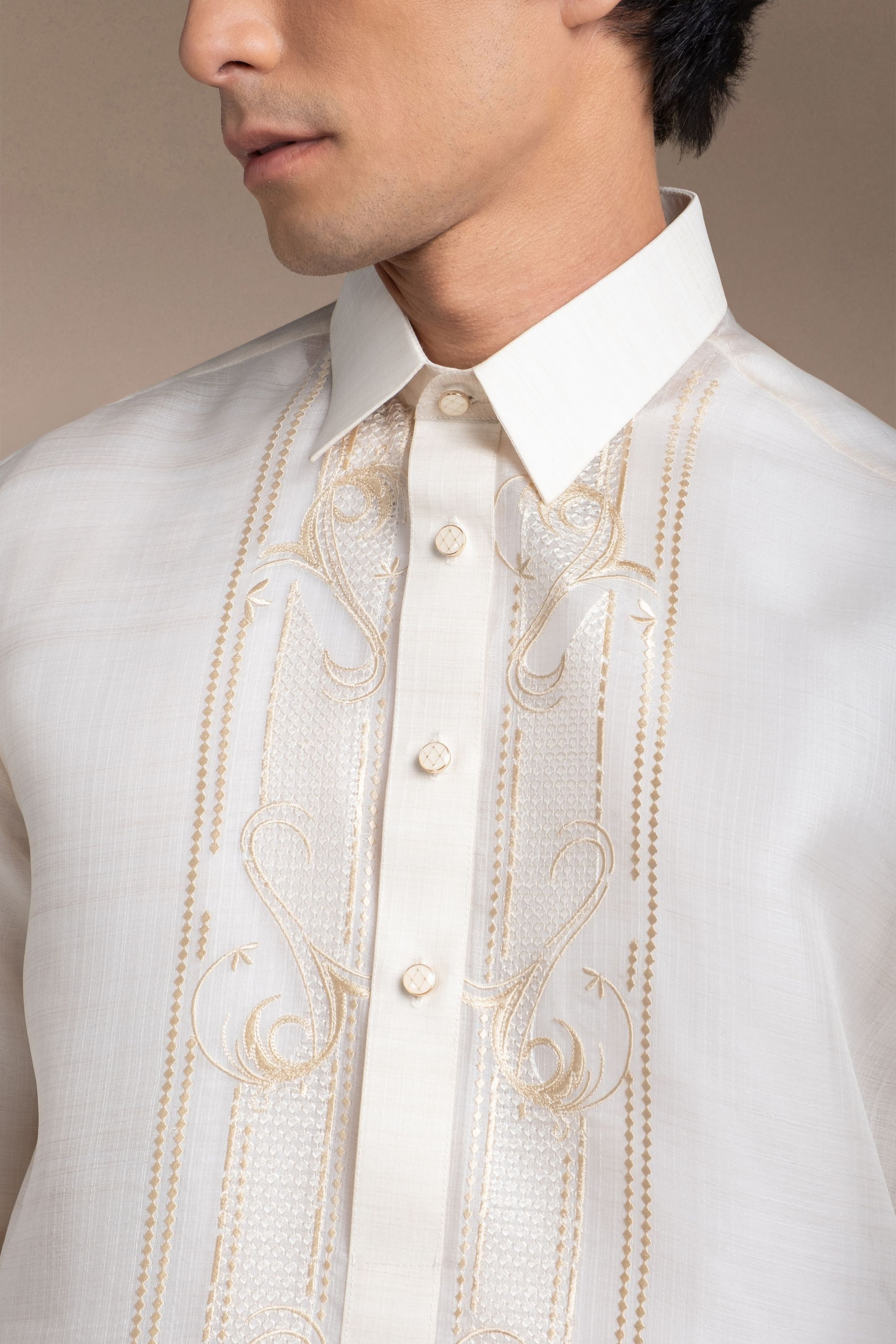 Onesimus Men’s Formal Barong Tagalog, Textured Pure Natural Silk, Embroidered