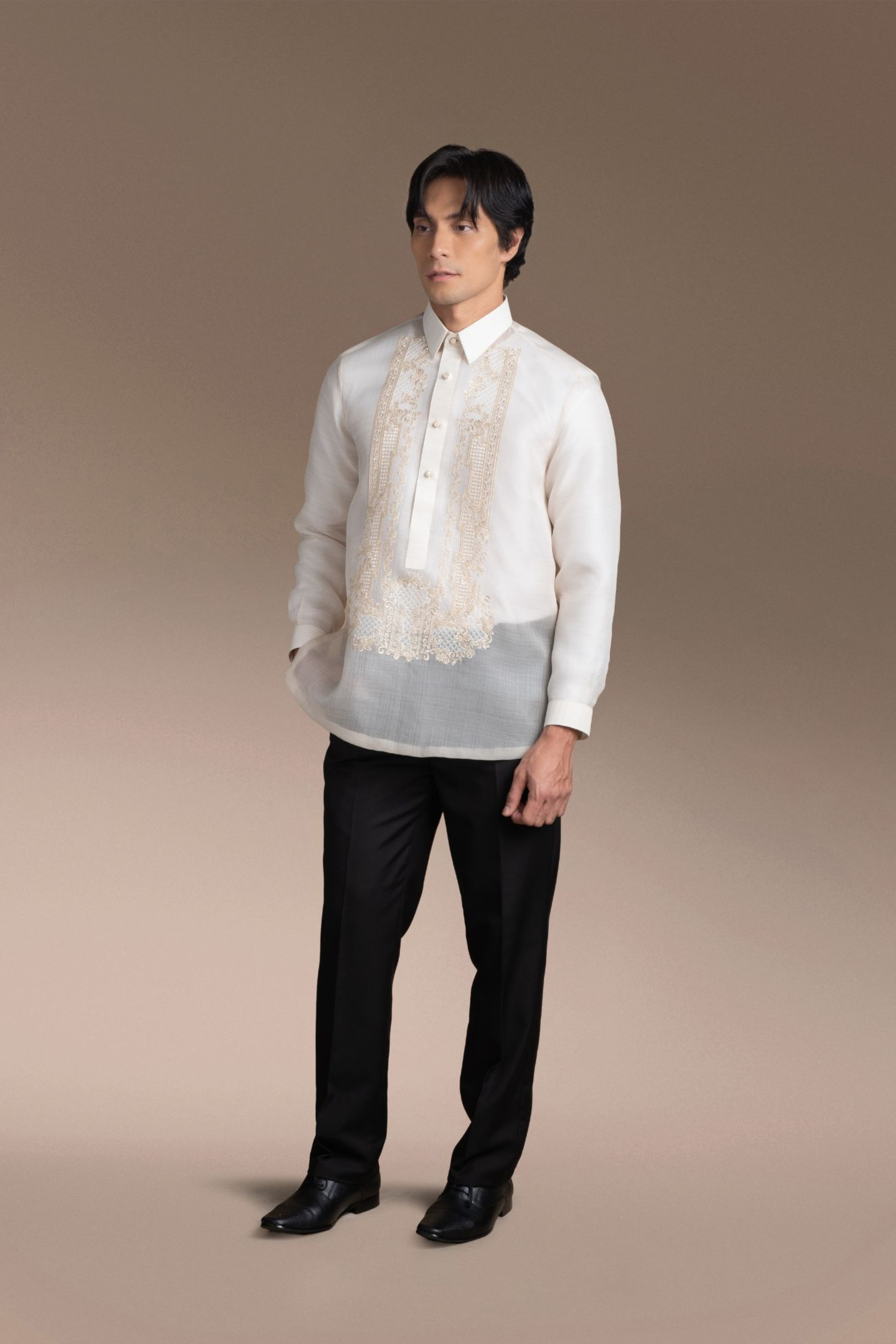 Onesimus Men’s Formal Barong Tagalog, Textured Pure Natural Silk, Embroidered