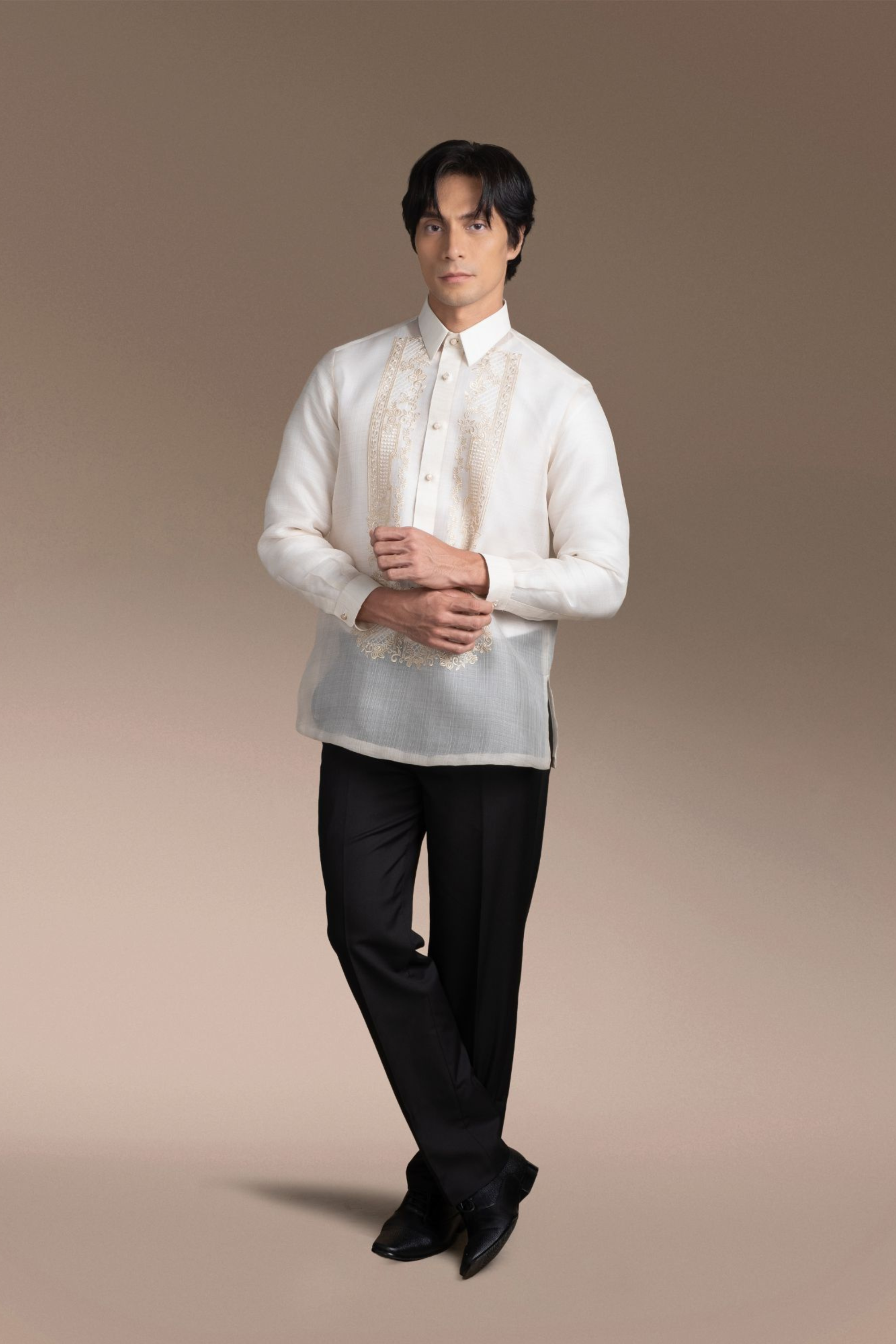 Onesimus Men’s Formal Barong Tagalog, Textured Pure Natural Silk, Embroidered