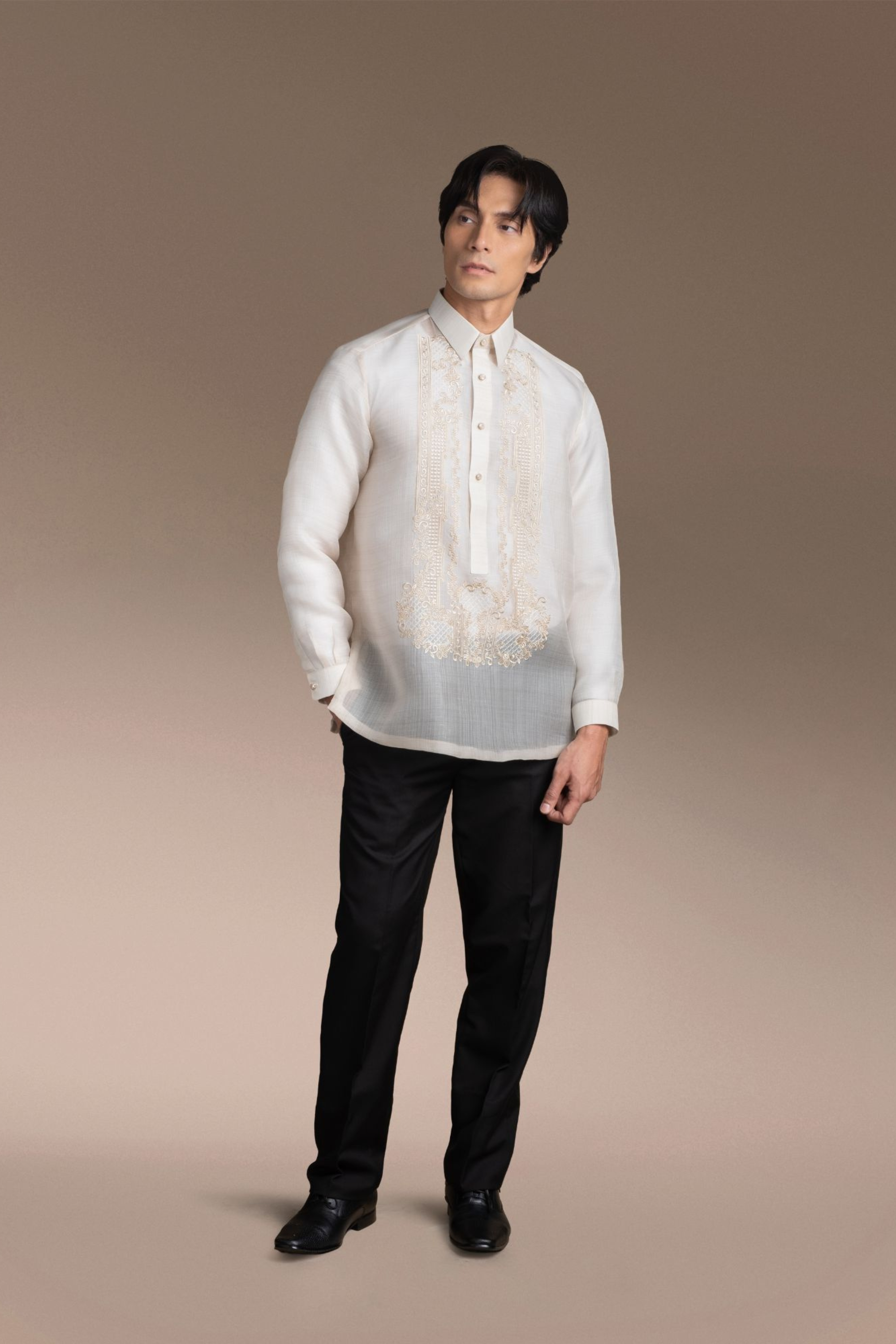 Onesimus Men’s Formal Barong Tagalog, Textured Pure Natural Silk, Embroidered