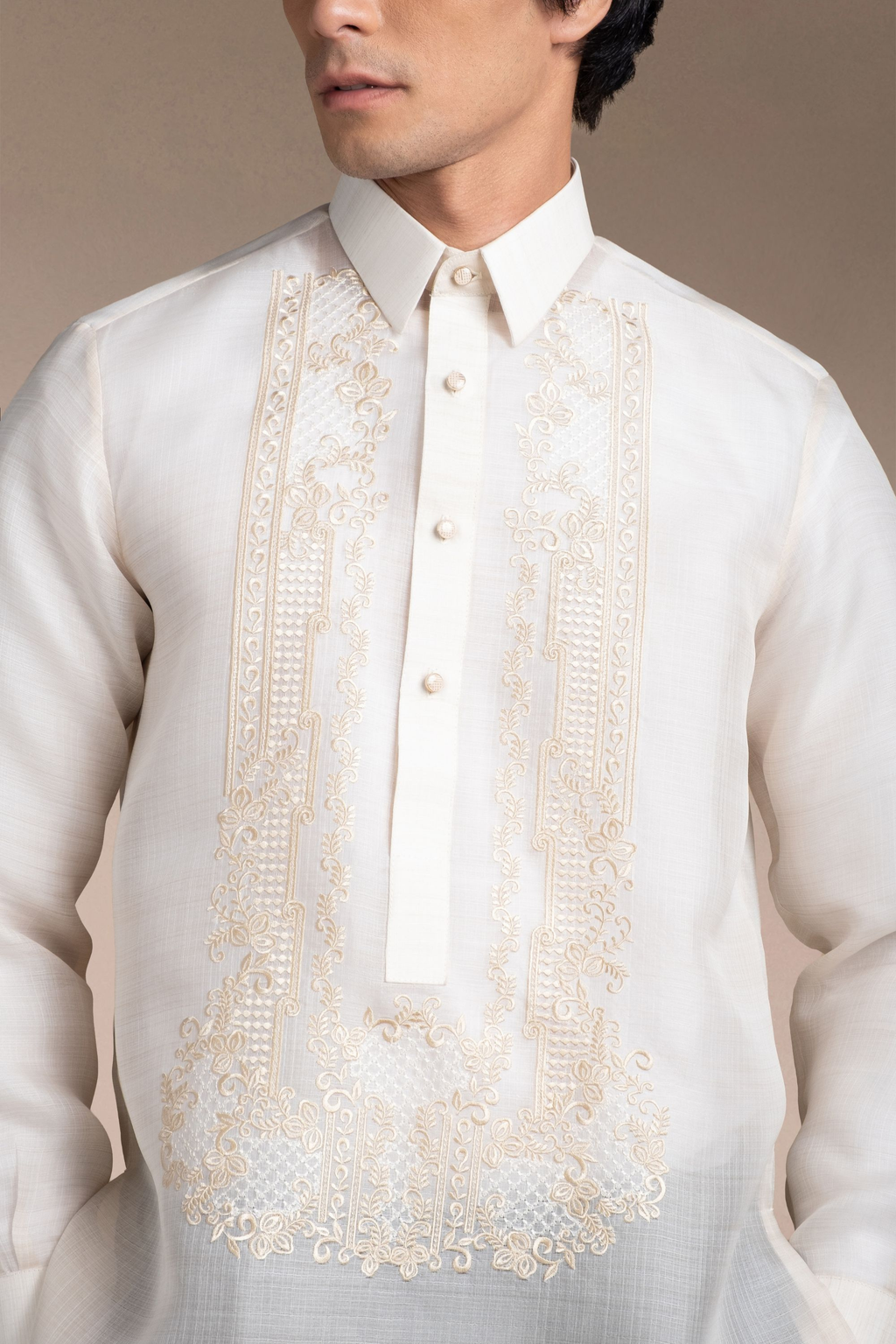 Onesimus Men’s Formal Barong Tagalog, Textured Pure Natural Silk, Embroidered
