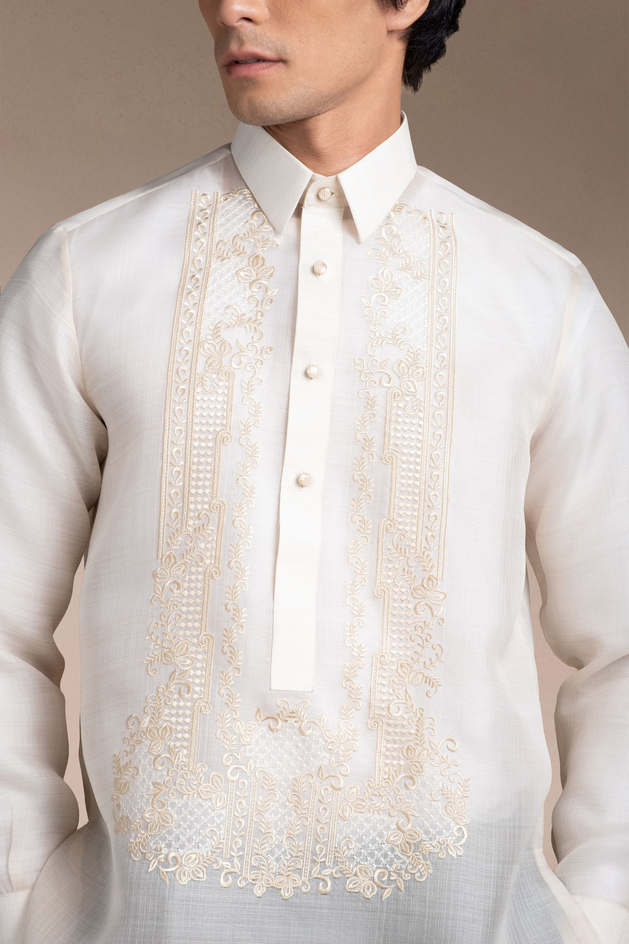 Onesimus Men’s Formal Barong Tagalog, Textured Pure Natural Silk, Embroidered