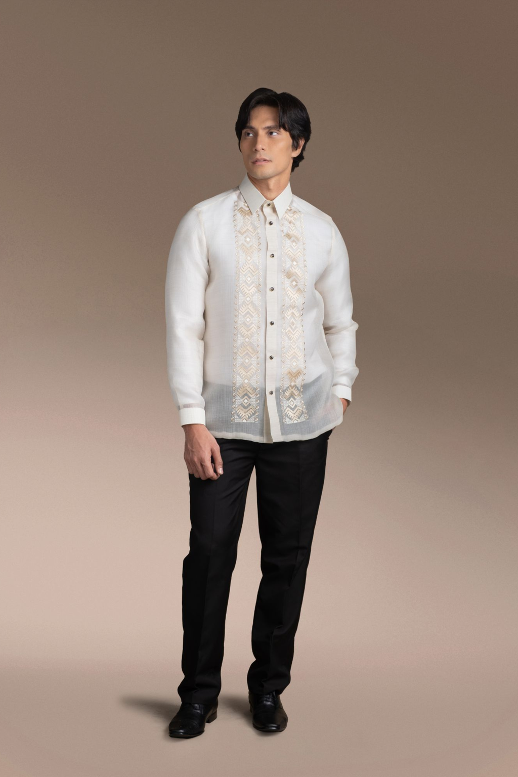 Onesimus Men’s Formal Barong Tagalog, Textured Pure Natural Silk, Embroidered