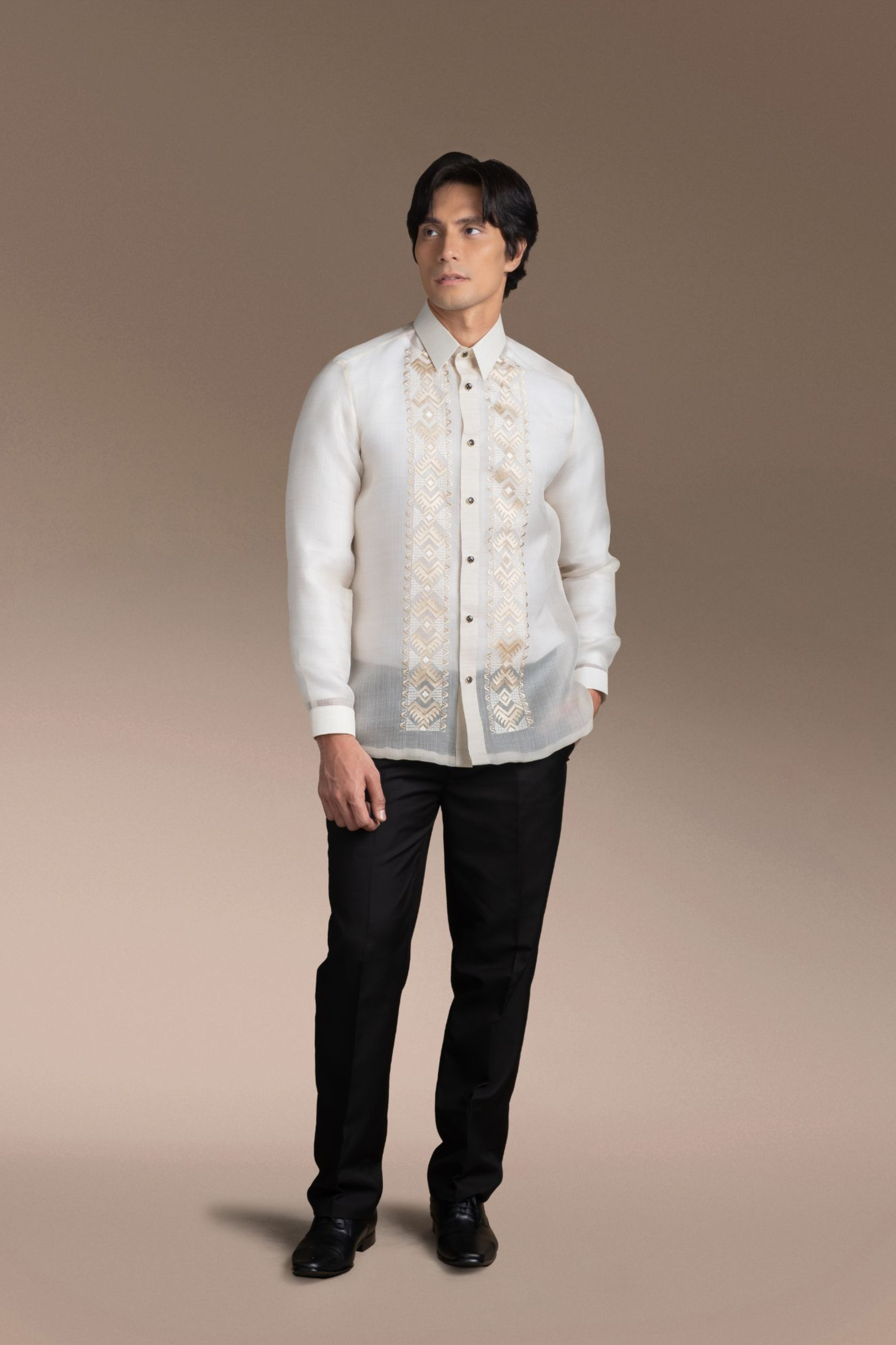 Onesimus Men’s Formal Barong Tagalog, Textured Pure Natural Silk, Embroidered