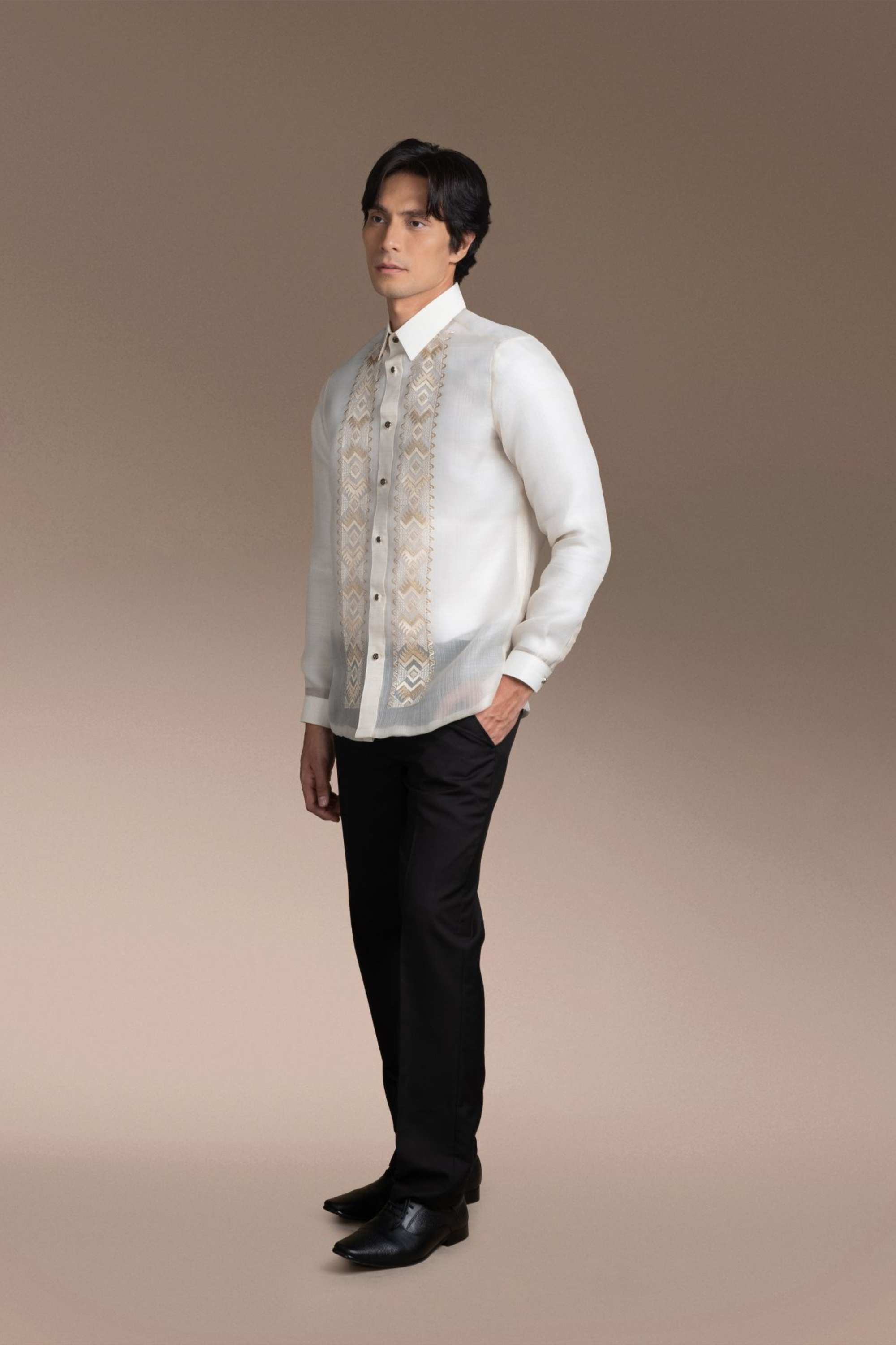 Onesimus Men’s Formal Barong Tagalog, Textured Pure Natural Silk, Embroidered